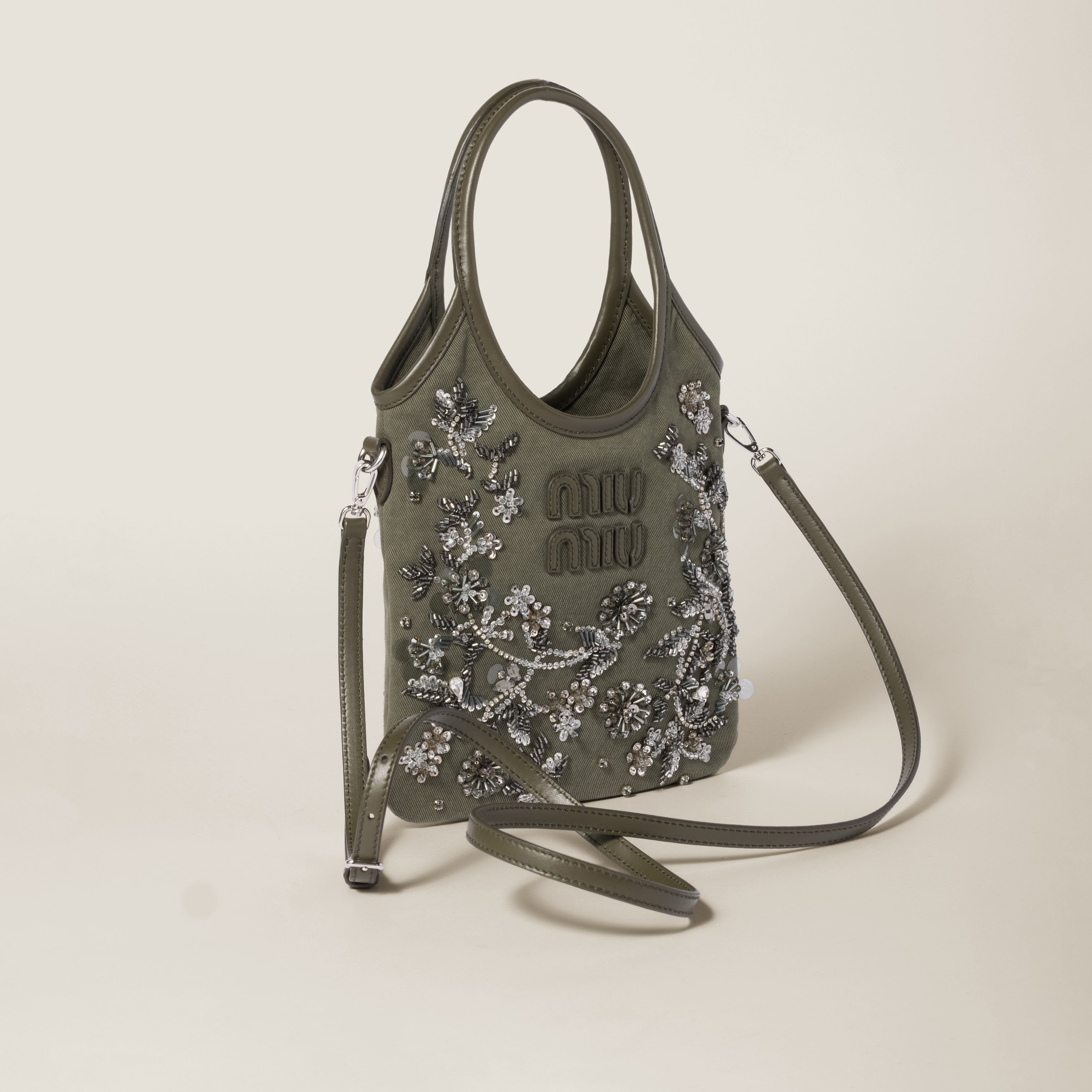 Miu Miu Ivy Embroidered Gabardine Bag In Olive Green