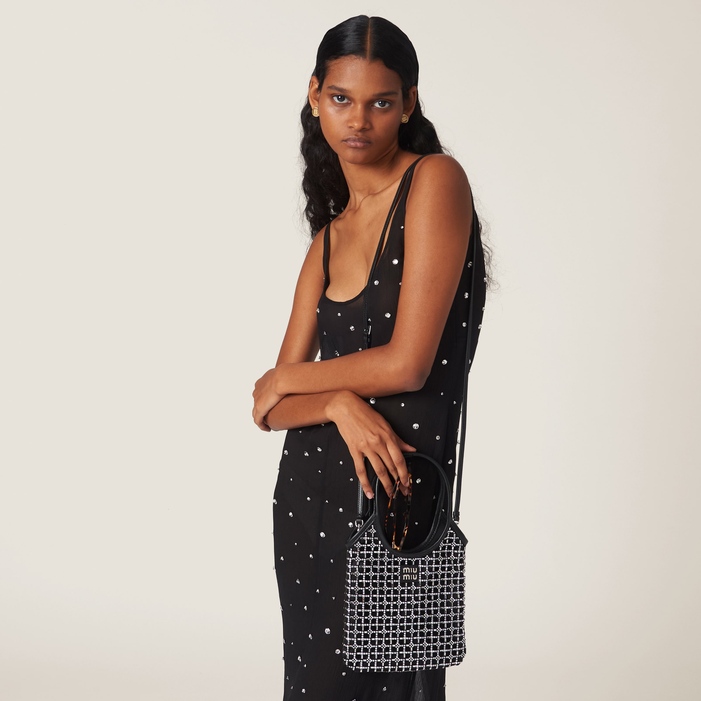 Miu Miu Ivy Satin Handbag With Synthetic Crystals In Black