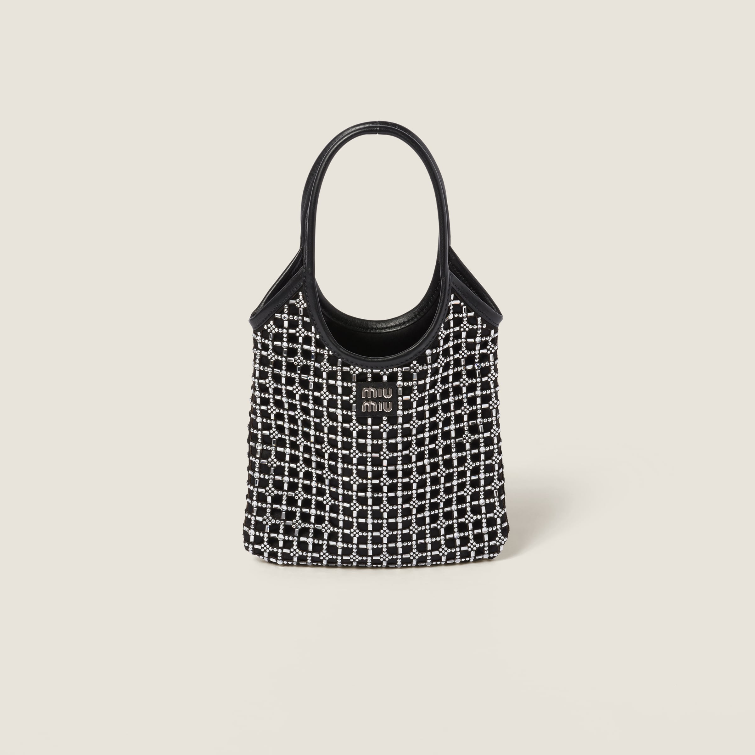 Miu Miu Ivy Satin Handbag With Synthetic Crystals In Black