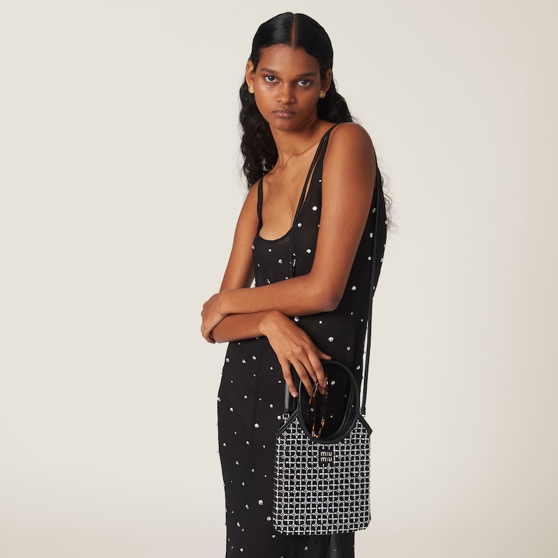 Satin handbag with synthetic crystals