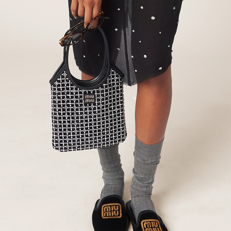 Satin handbag with synthetic crystals