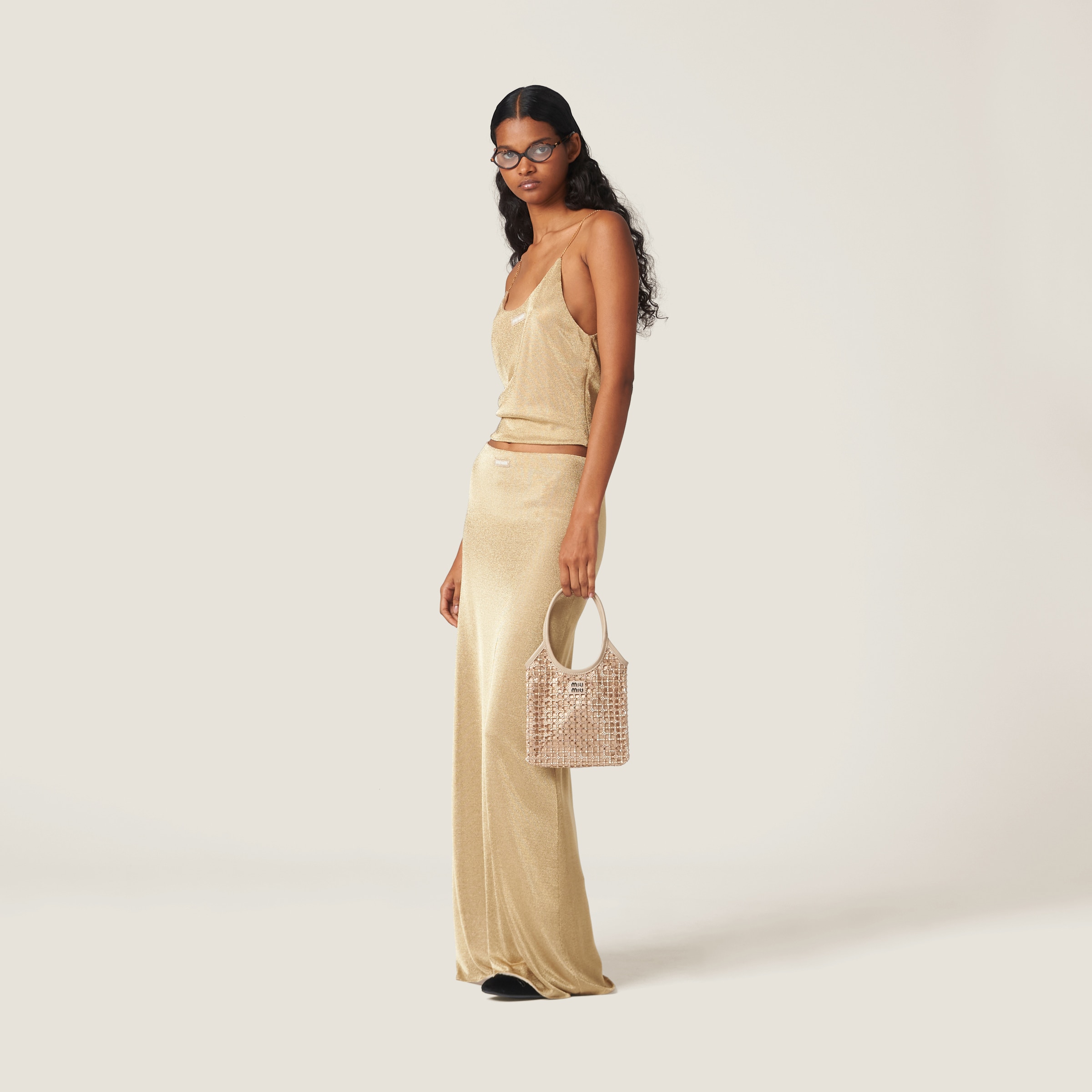 Miu Miu Ivy Satin Handbag With Synthetic Crystals In Neutral