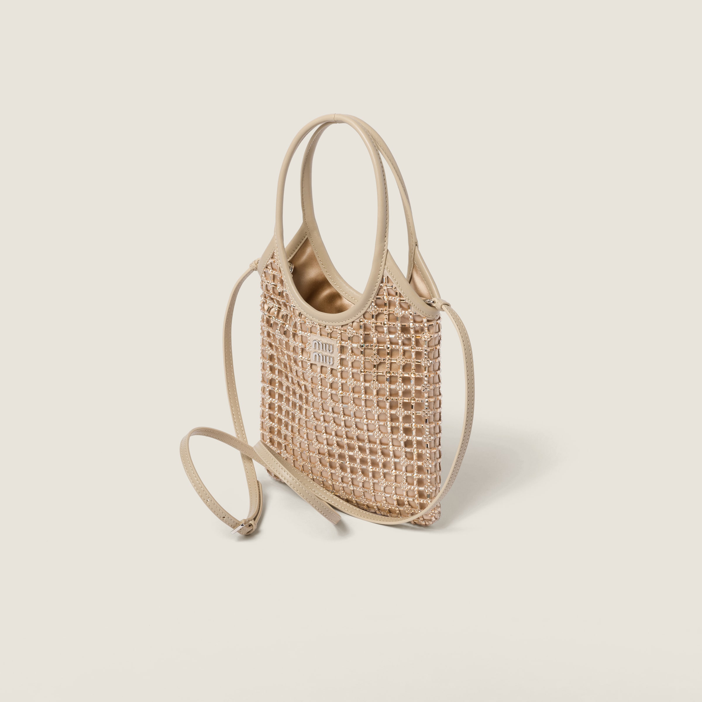 Miu Miu Ivy Satin Handbag With Synthetic Crystals In Neutral