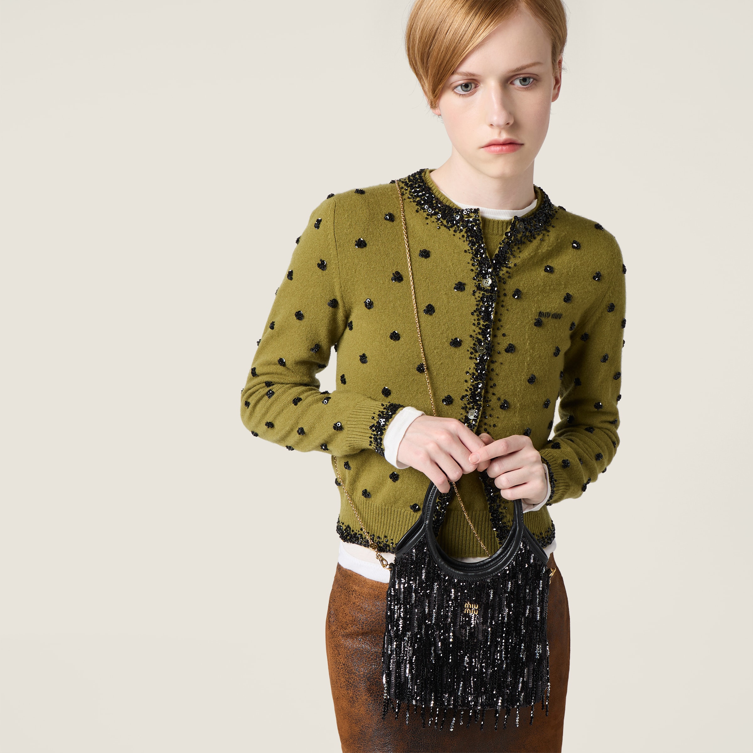 Black Ivy Satin Handbag With Crystal And Sequin Fringe | Miu Miu
