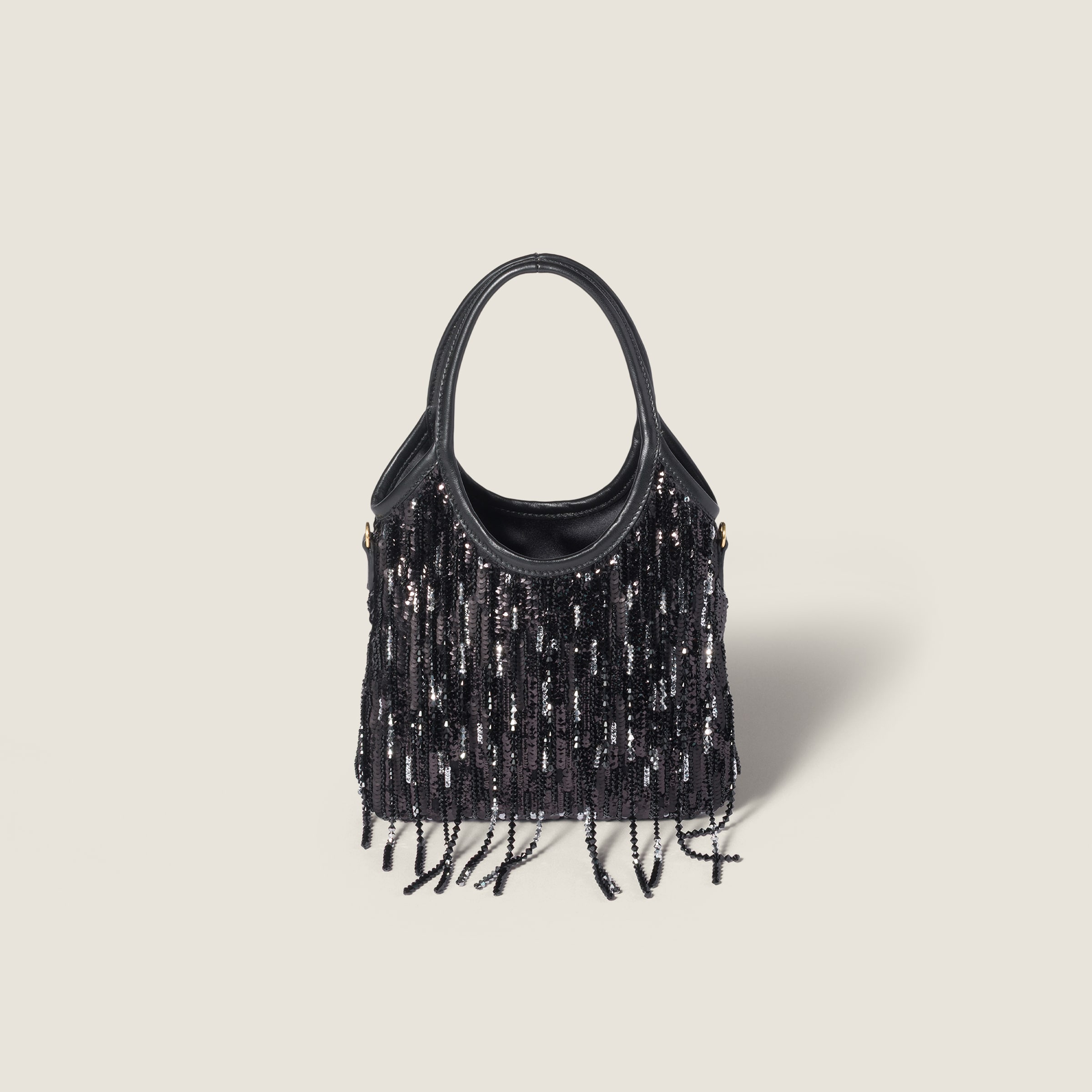 Miu Miu Ivy Satin Handbag With Crystal And Sequin Fringe In Black