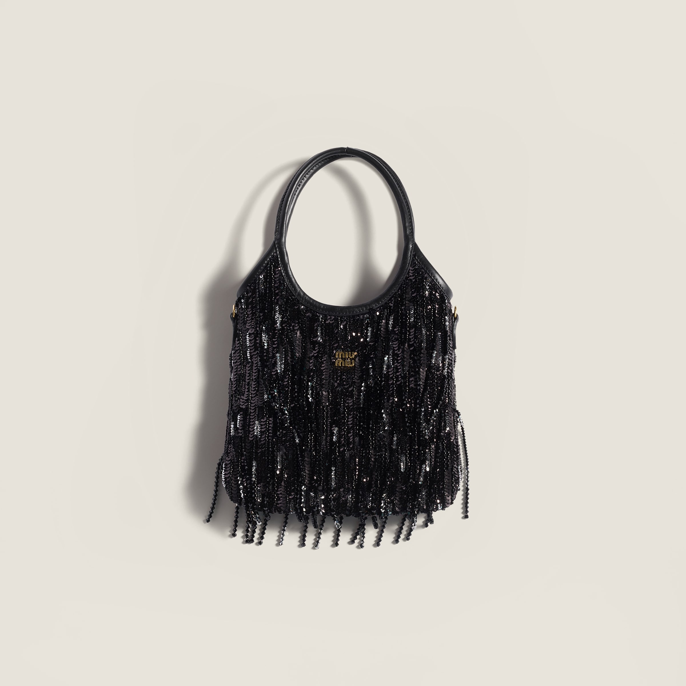 Miu Miu Ivy Satin Handbag With Crystal And Sequin Fringe In Black