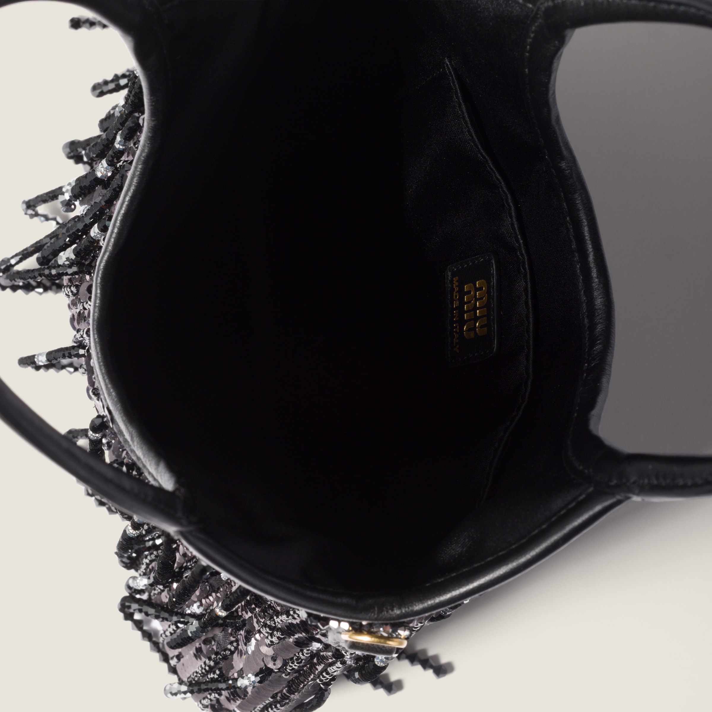 Black Ivy Satin Handbag With Crystal And Sequin Fringe | Miu Miu
