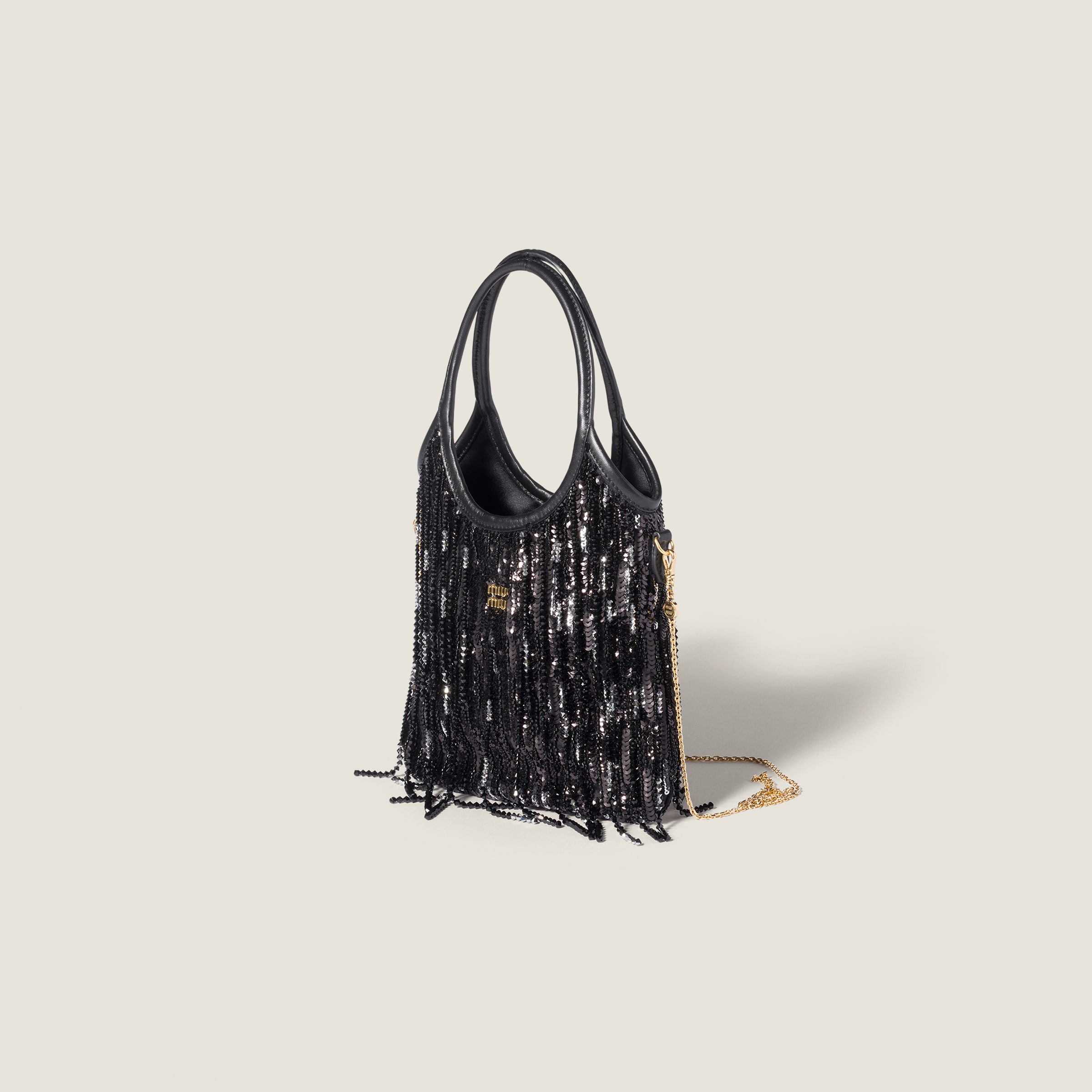 Miu Miu Ivy Satin Handbag With Crystal And Sequin Fringe In Black