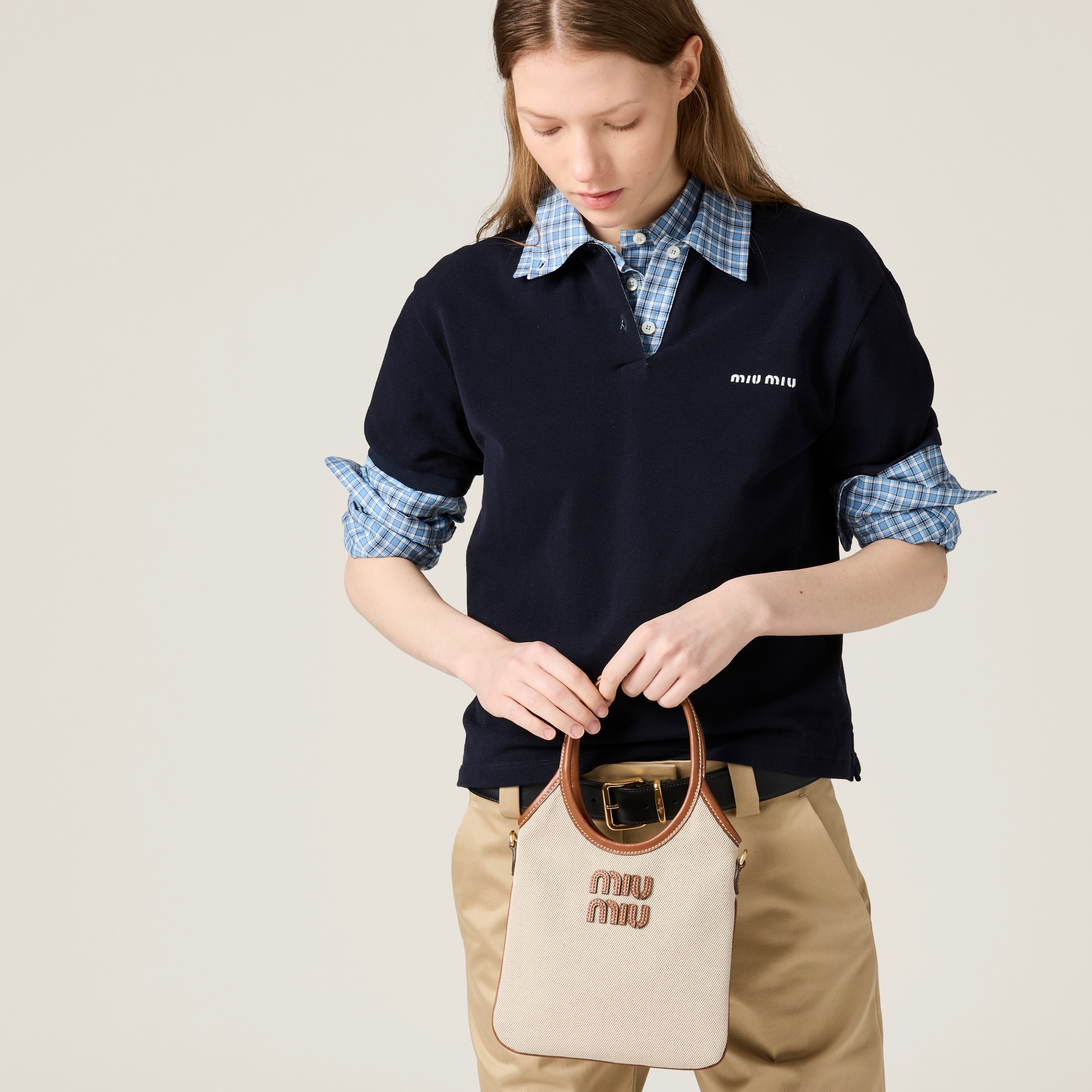 Beige/brandy Ivy Canvas And Leather Bag | Miu Miu