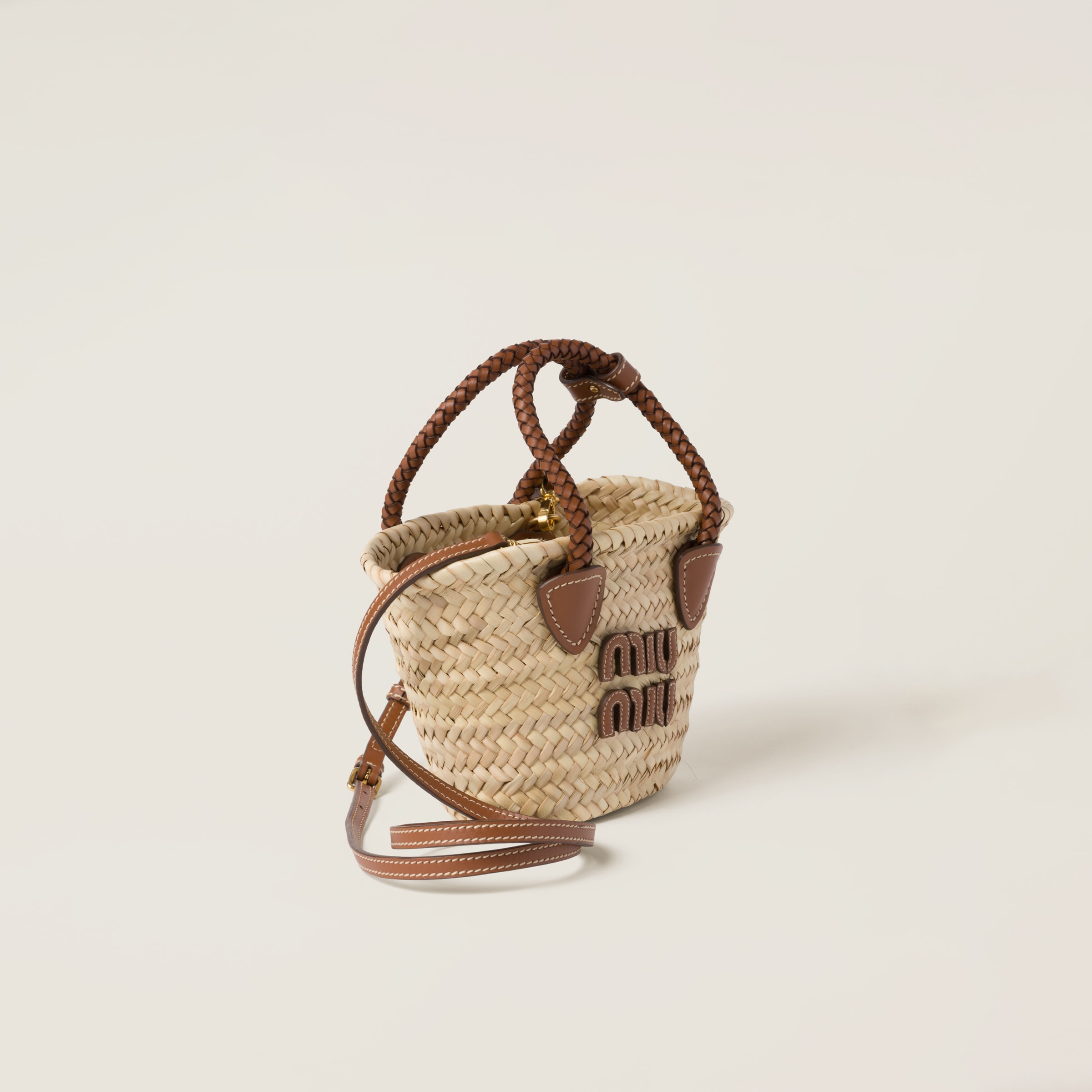 Miu Miu Woven Fabric Handbag In Beige/cognac