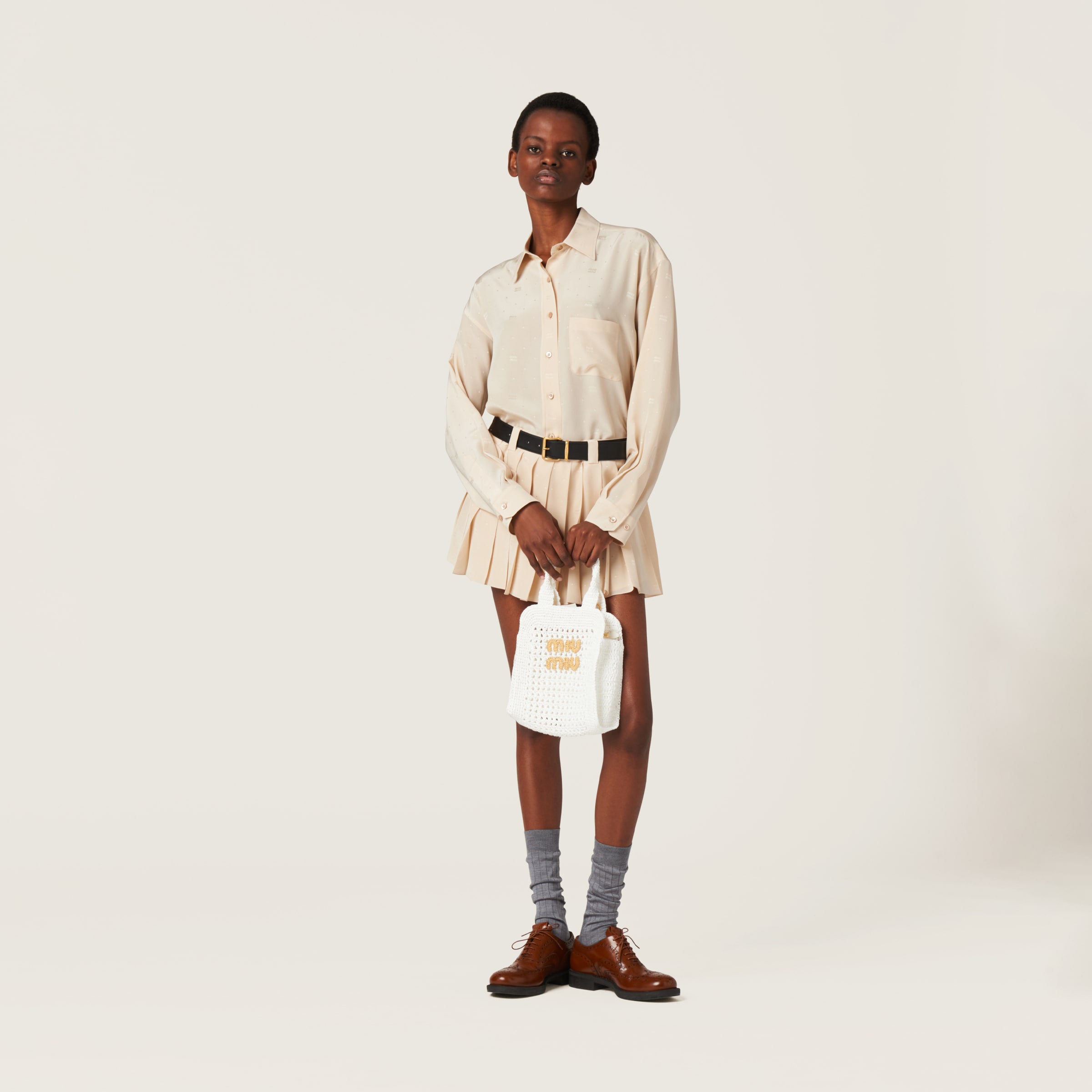 トートバッグ MiuMiu | Raffia-effect crochet fabric tote bag 5BA283 Beige/cognac Raffia-effect Woven Tote Bag | Miu Miu