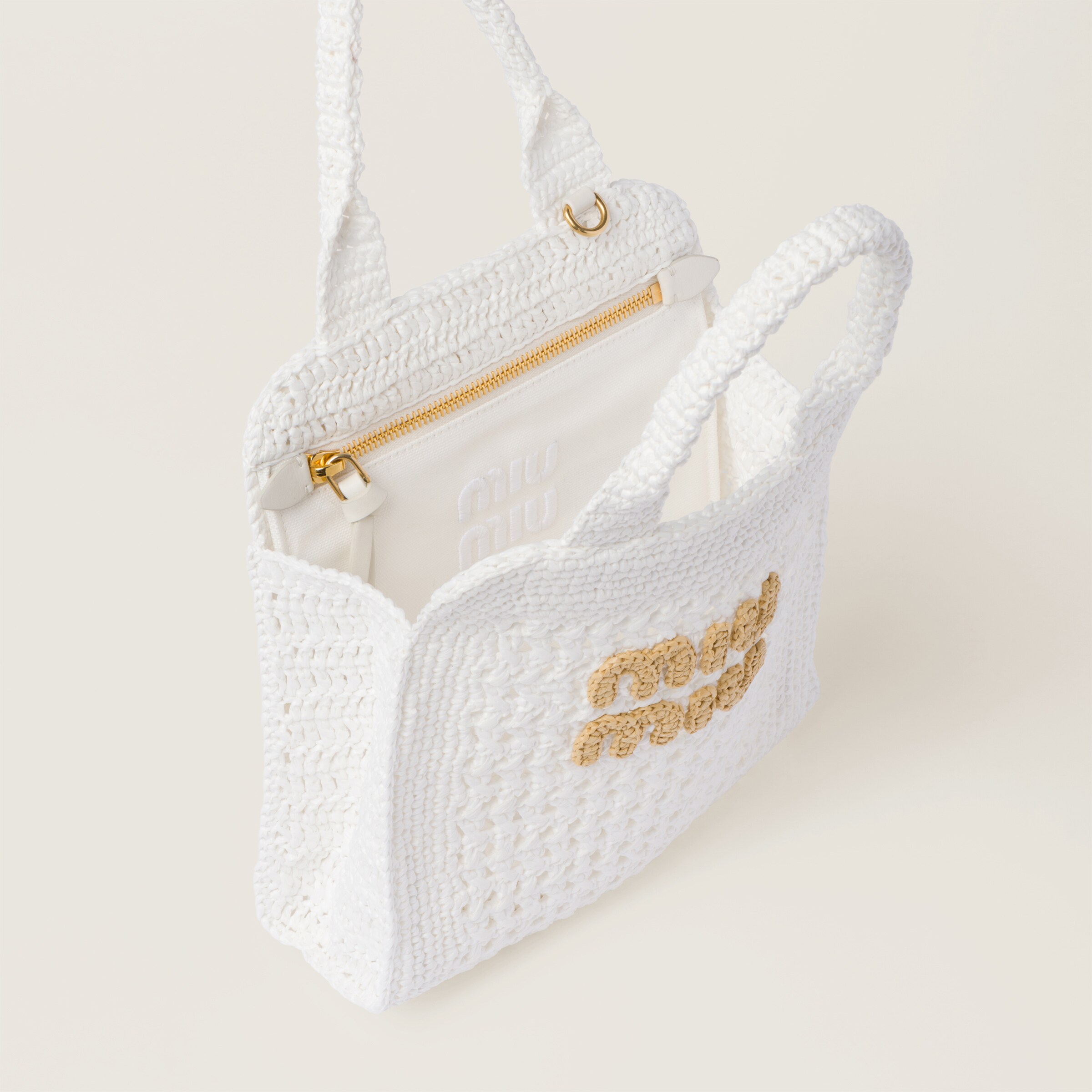 White/beige Raffia-effect Crochet Fabric Tote Bag | Miu Miu