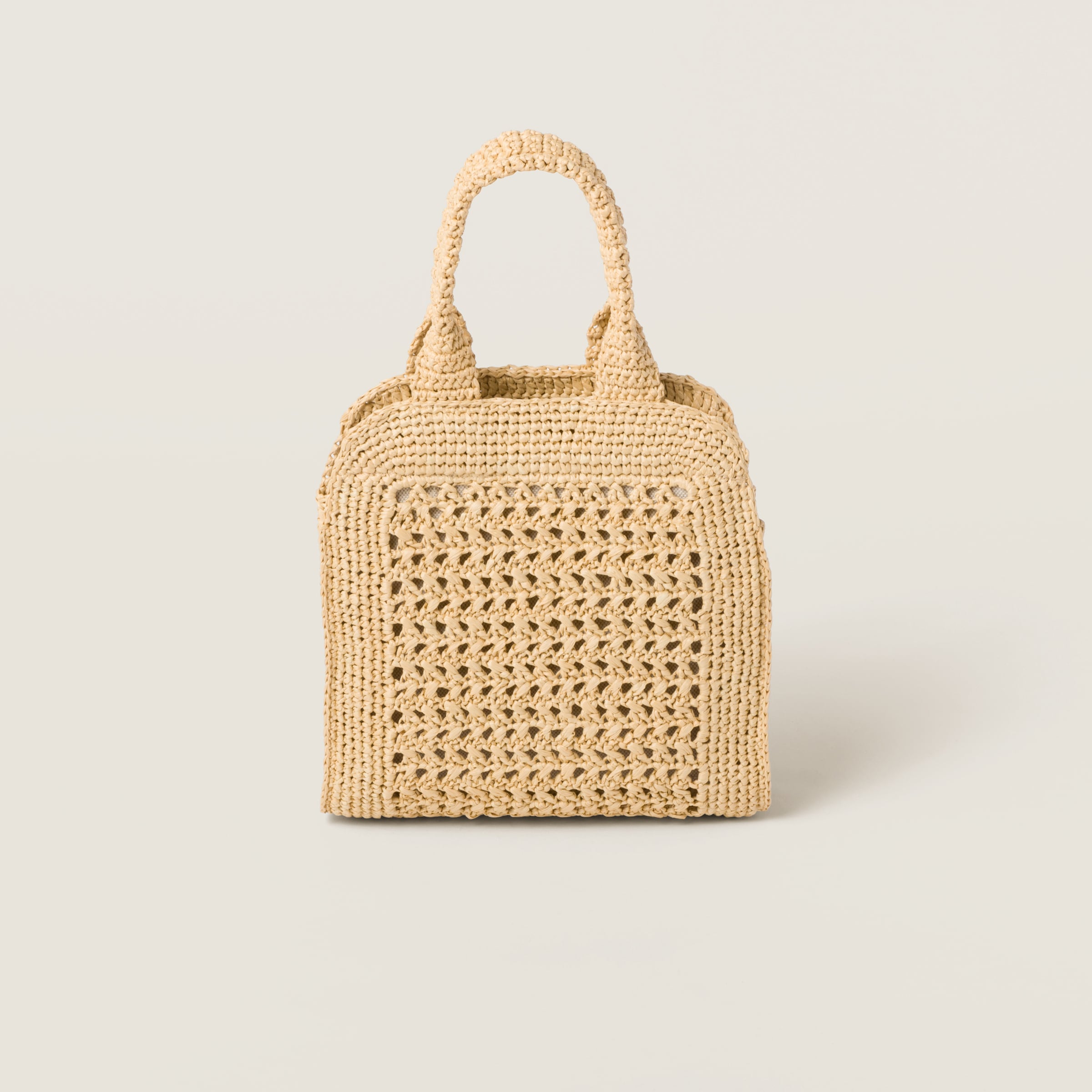 Shop Miumiu Raffia-effect Crochet Fabric Tote Bag In Beige/cognac