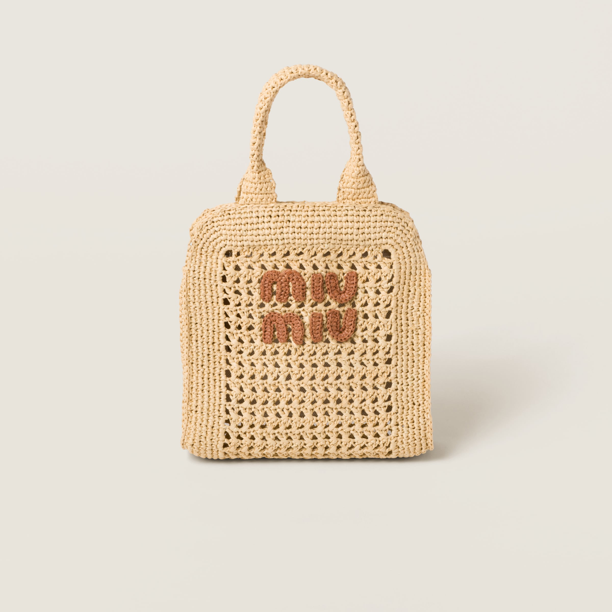 Miumiu Raffia-effect Crochet Fabric Tote Bag In Beige/cognac