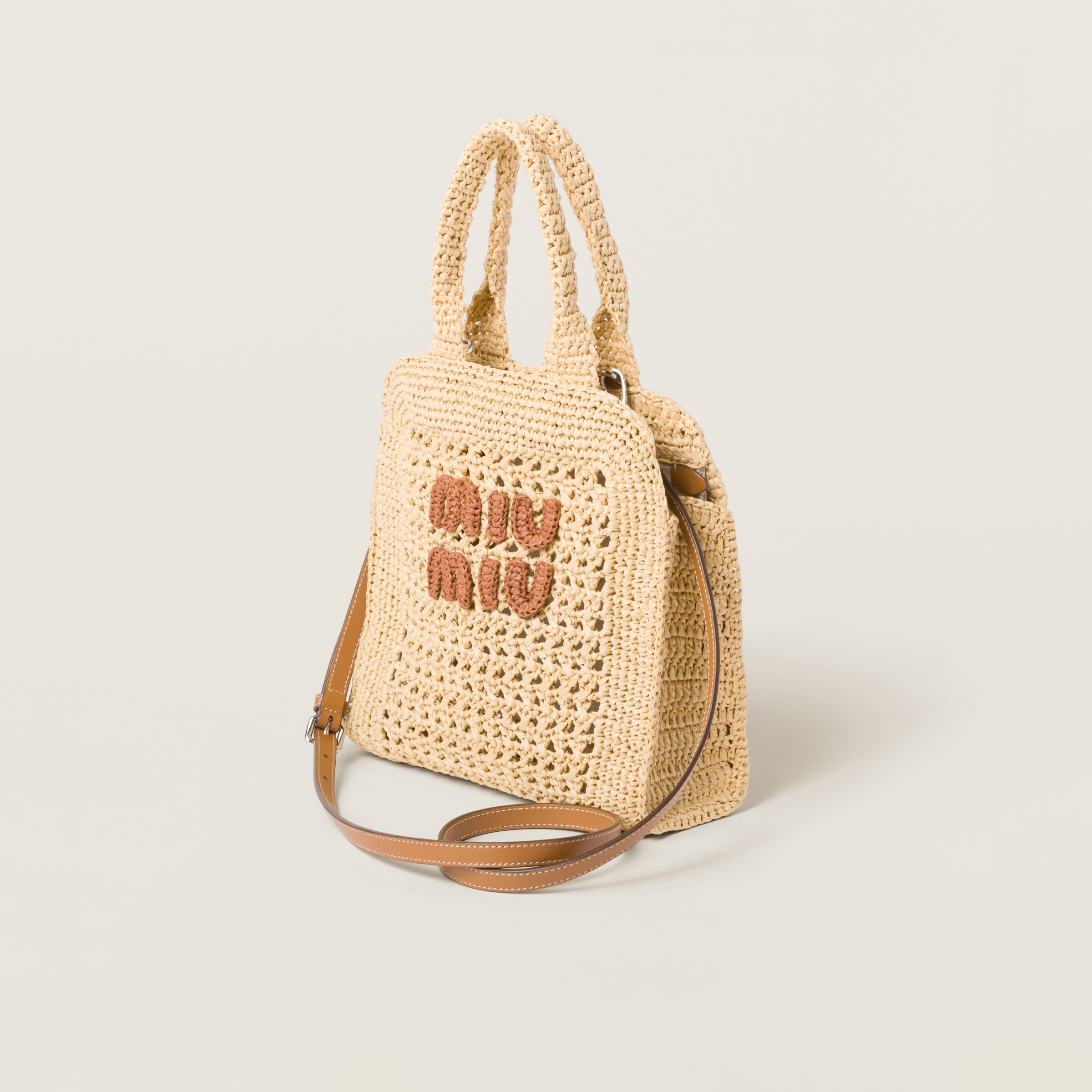 Shop Miumiu Raffia-effect Crochet Fabric Tote Bag In Beige/cognac