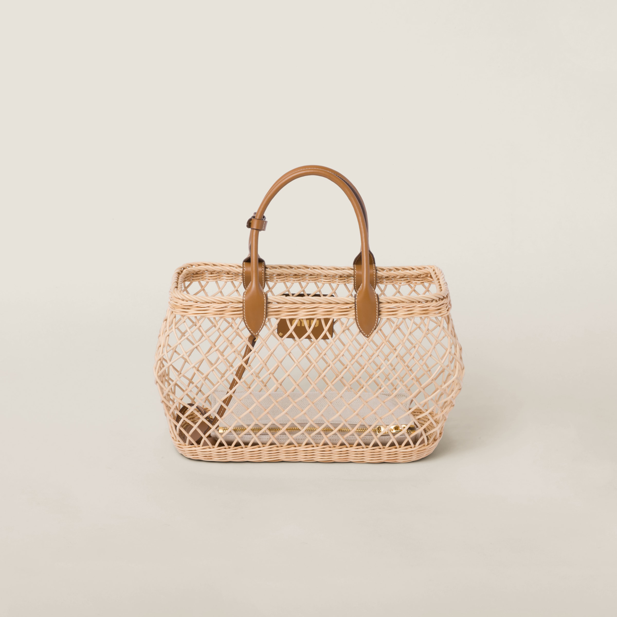 Miu Miu Woven Fabric Handbag With Leather Trim In Tan/caramel