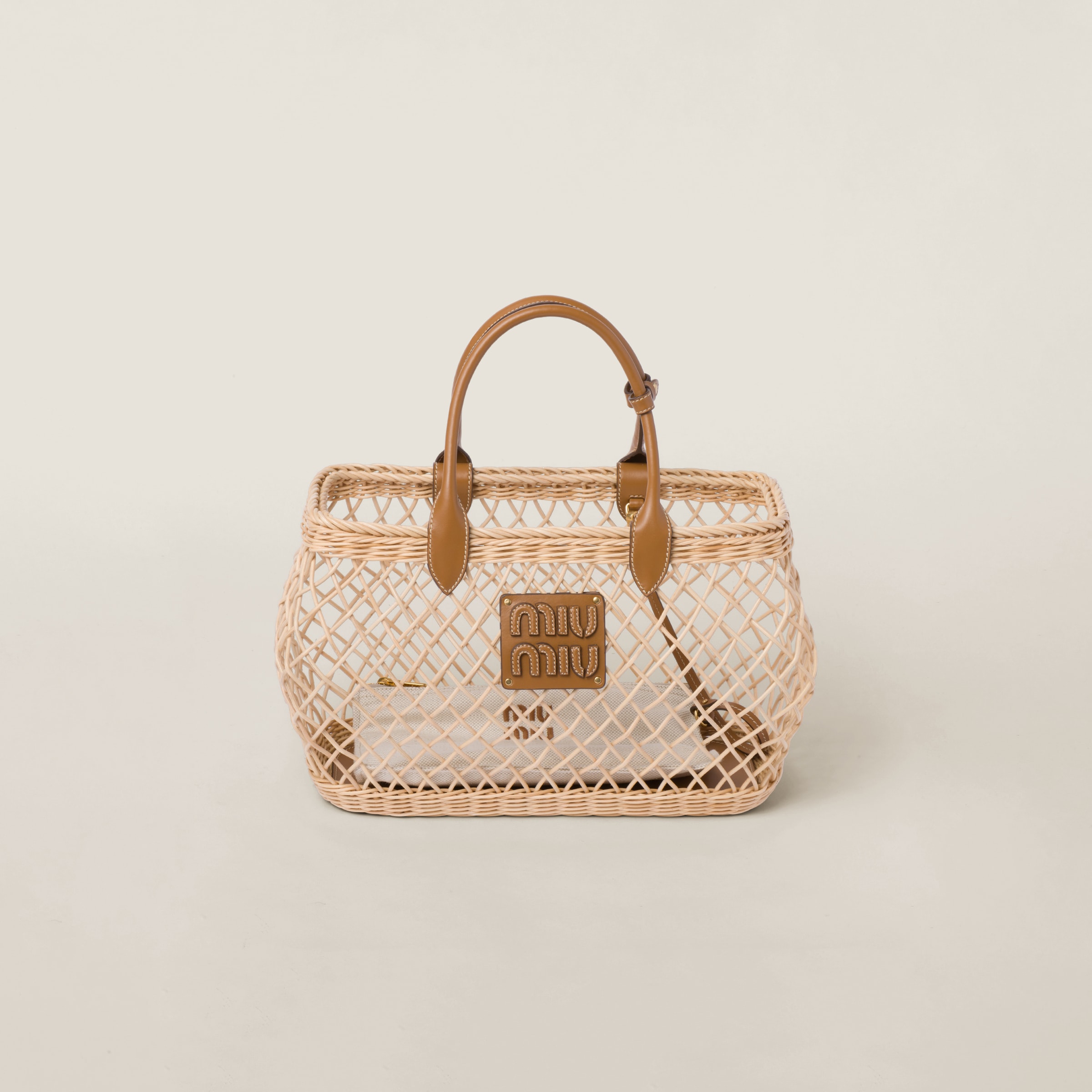 Miumiu Woven Fabric Handbag With Leather Trim In Brown