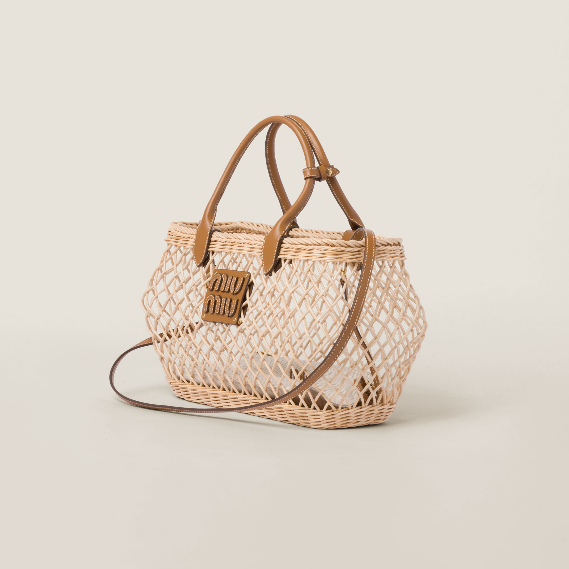 Miu Miu Woven Fabric Handbag With Leather Trim In Tan/caramel
