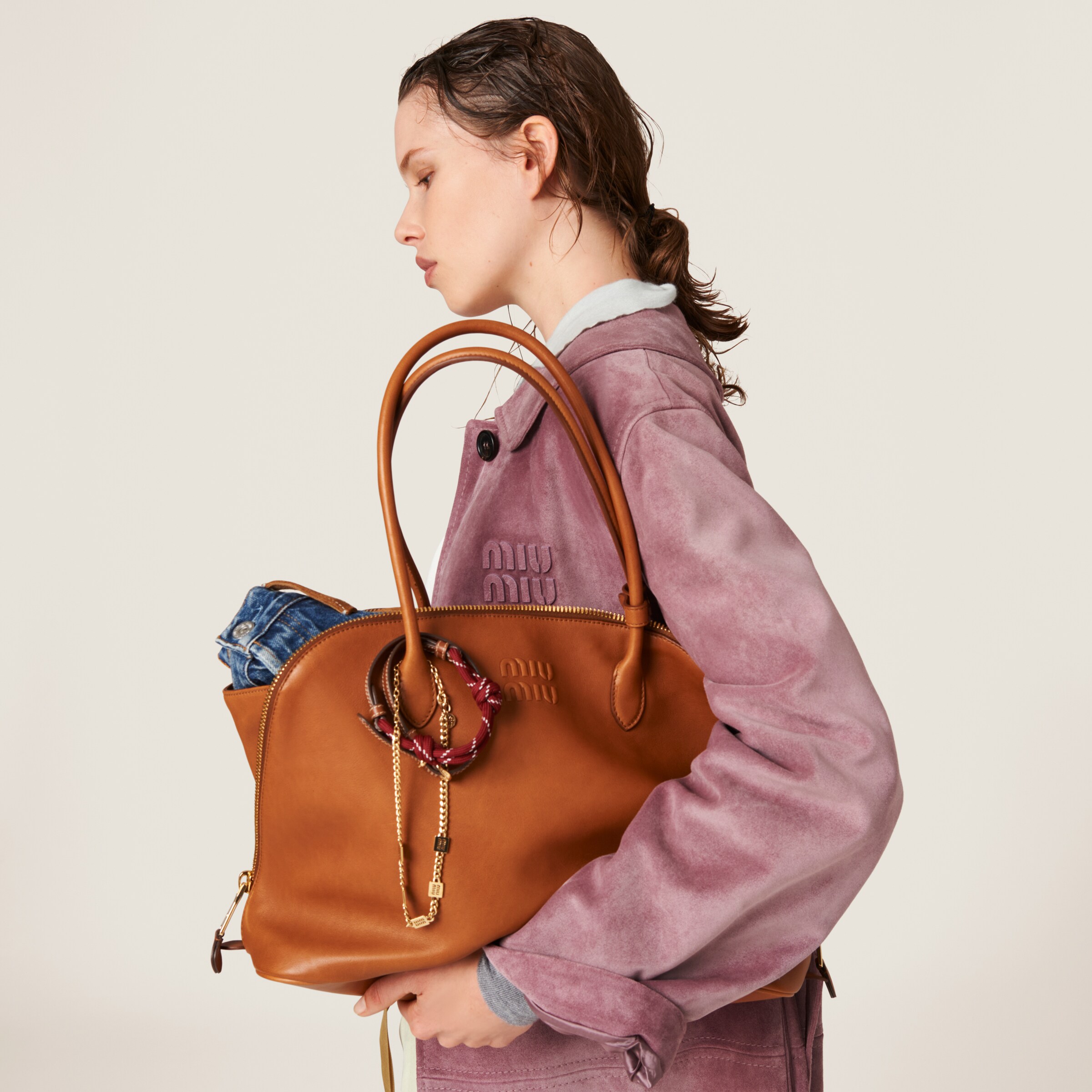 Shop Miumiu Leather Bag In Cognac