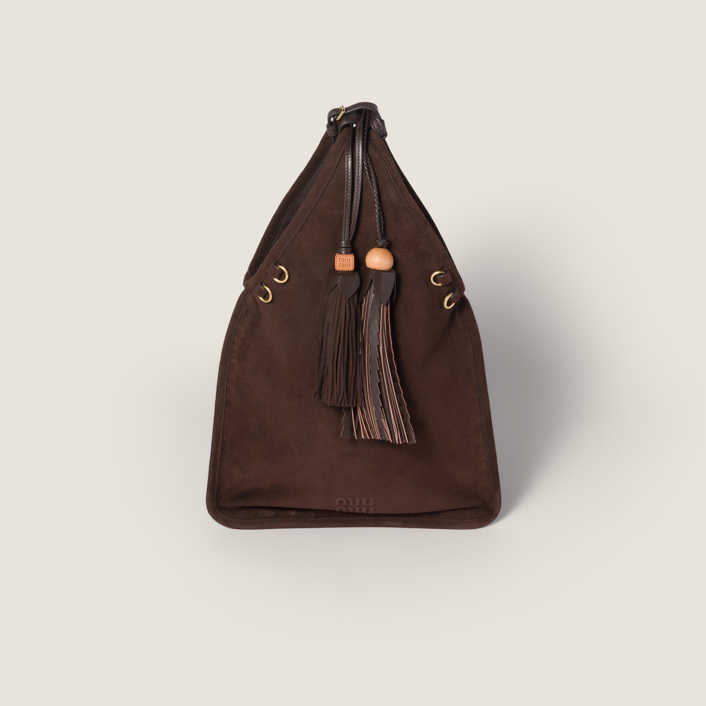 【MIU MIU】タッセル付きスエードハンドバッグ ダークブラウン タッセル付きスエードハンドバッグ | Miu Miu