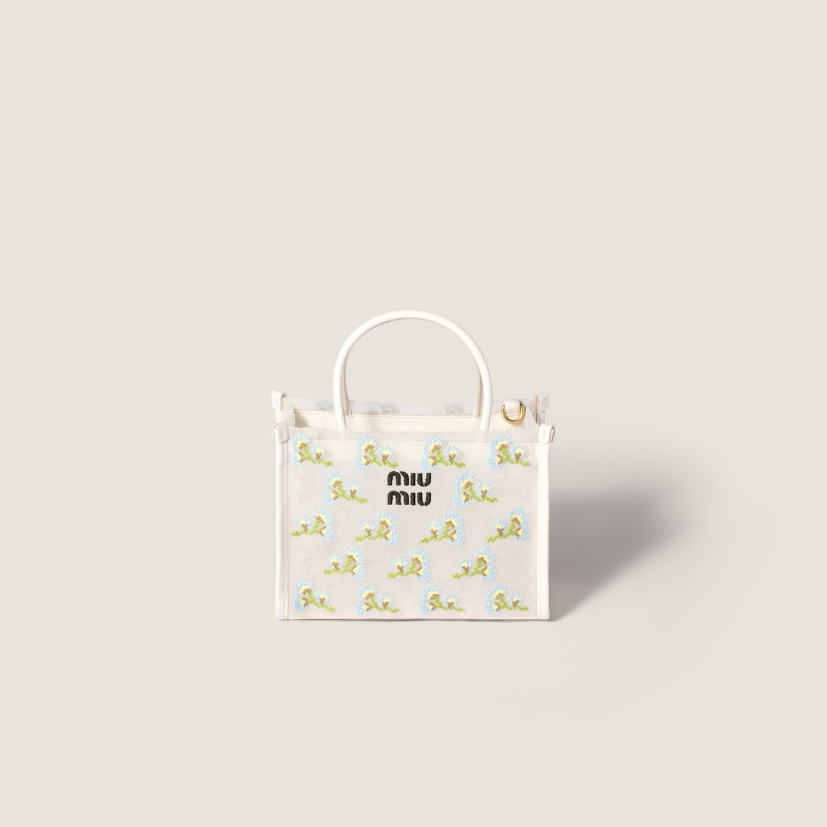 Embroidered mesh top-handle bag