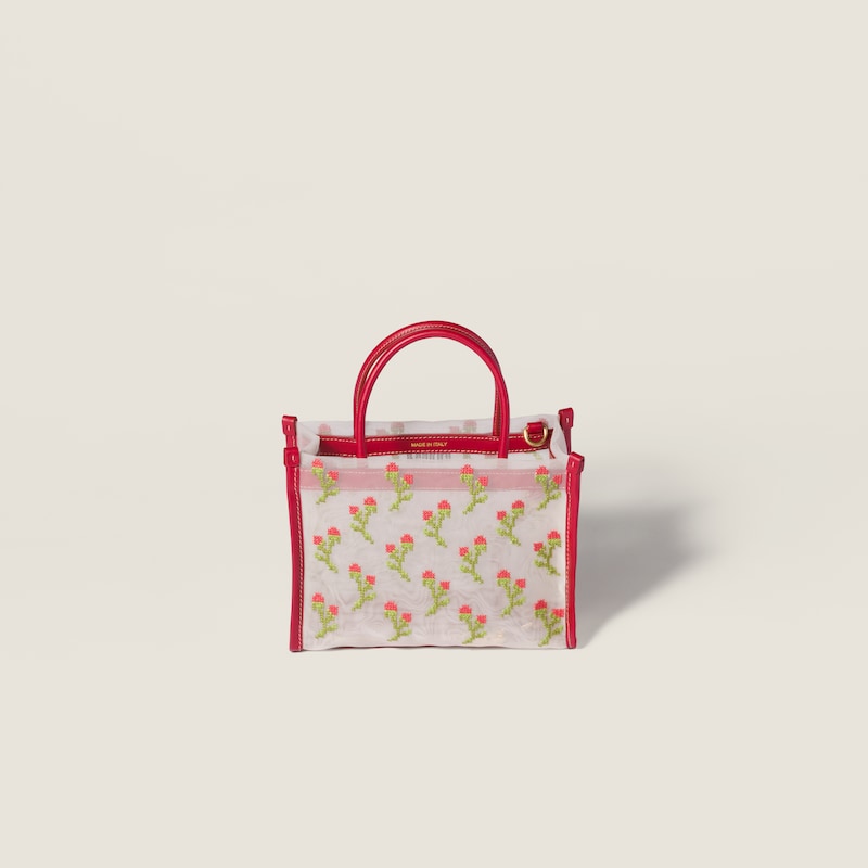 Embroidered mesh top-handle bag