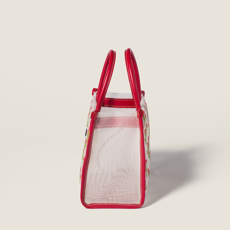 Embroidered mesh top-handle bag