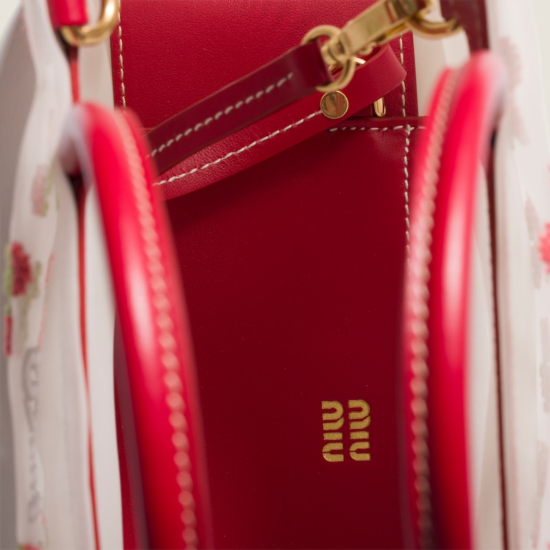 Embroidered mesh top-handle bag