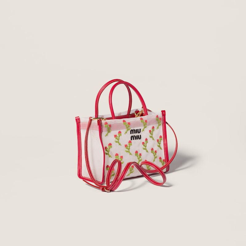 Embroidered mesh top-handle bag
