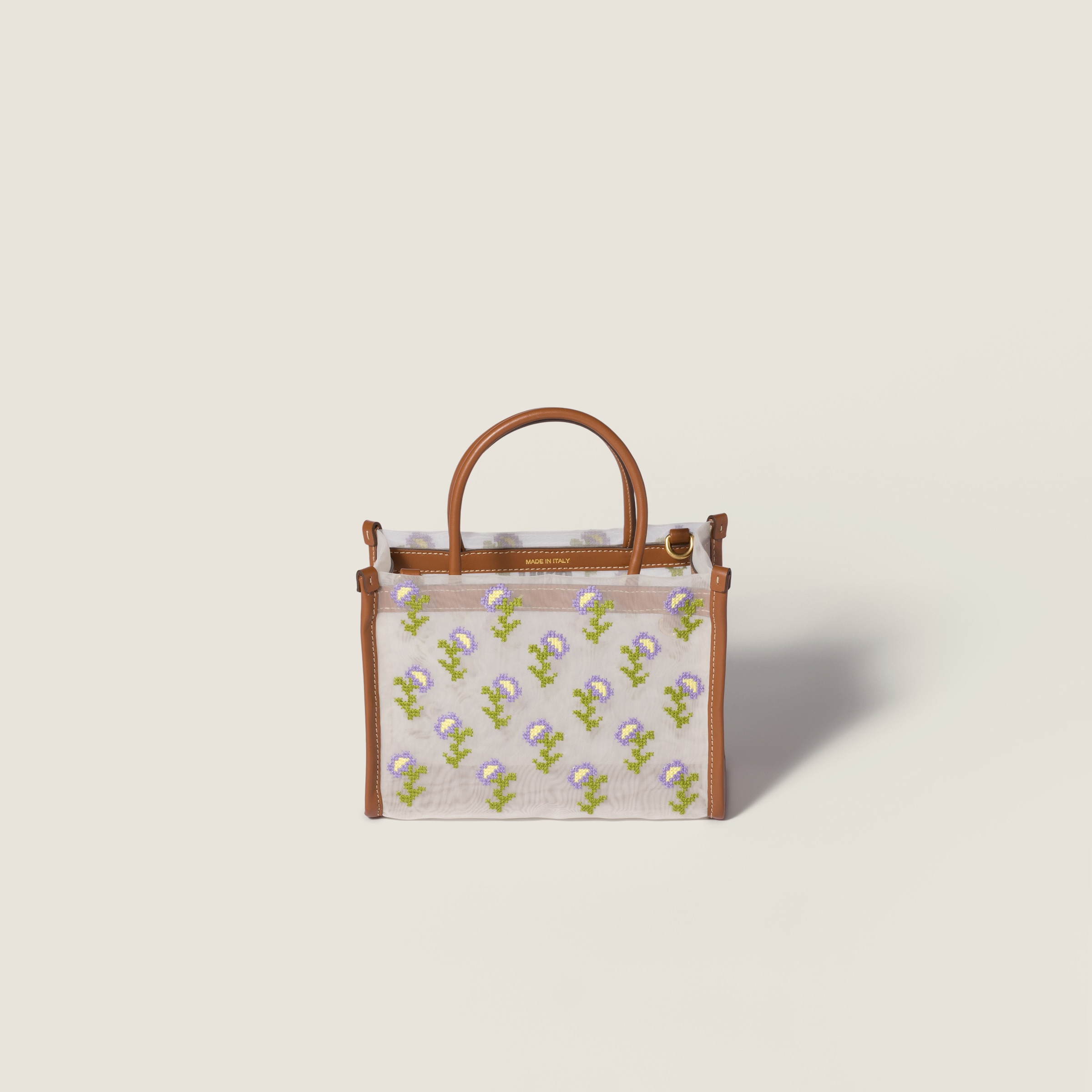 Cognac Embroidered Mesh Top-handle Bag | Miu Miu - United States