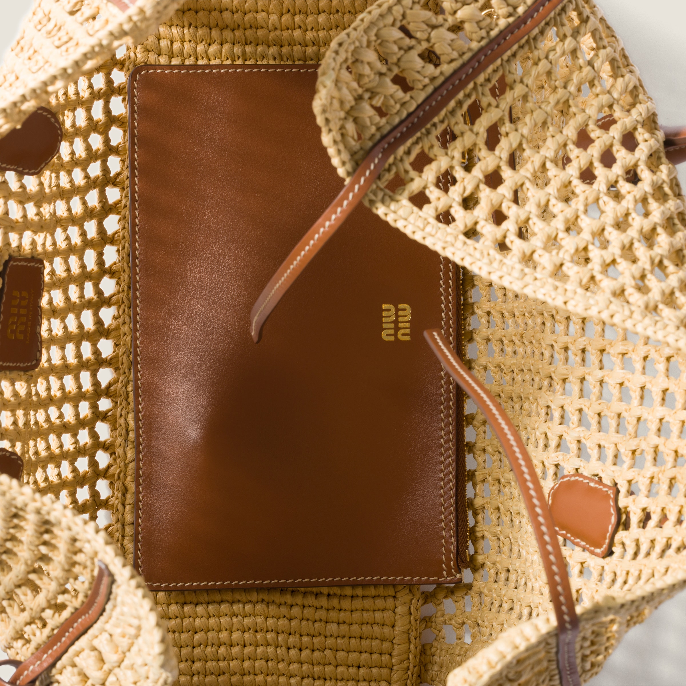 Beige/cognac Raffia Top-handle Bag | Miu Miu - United States