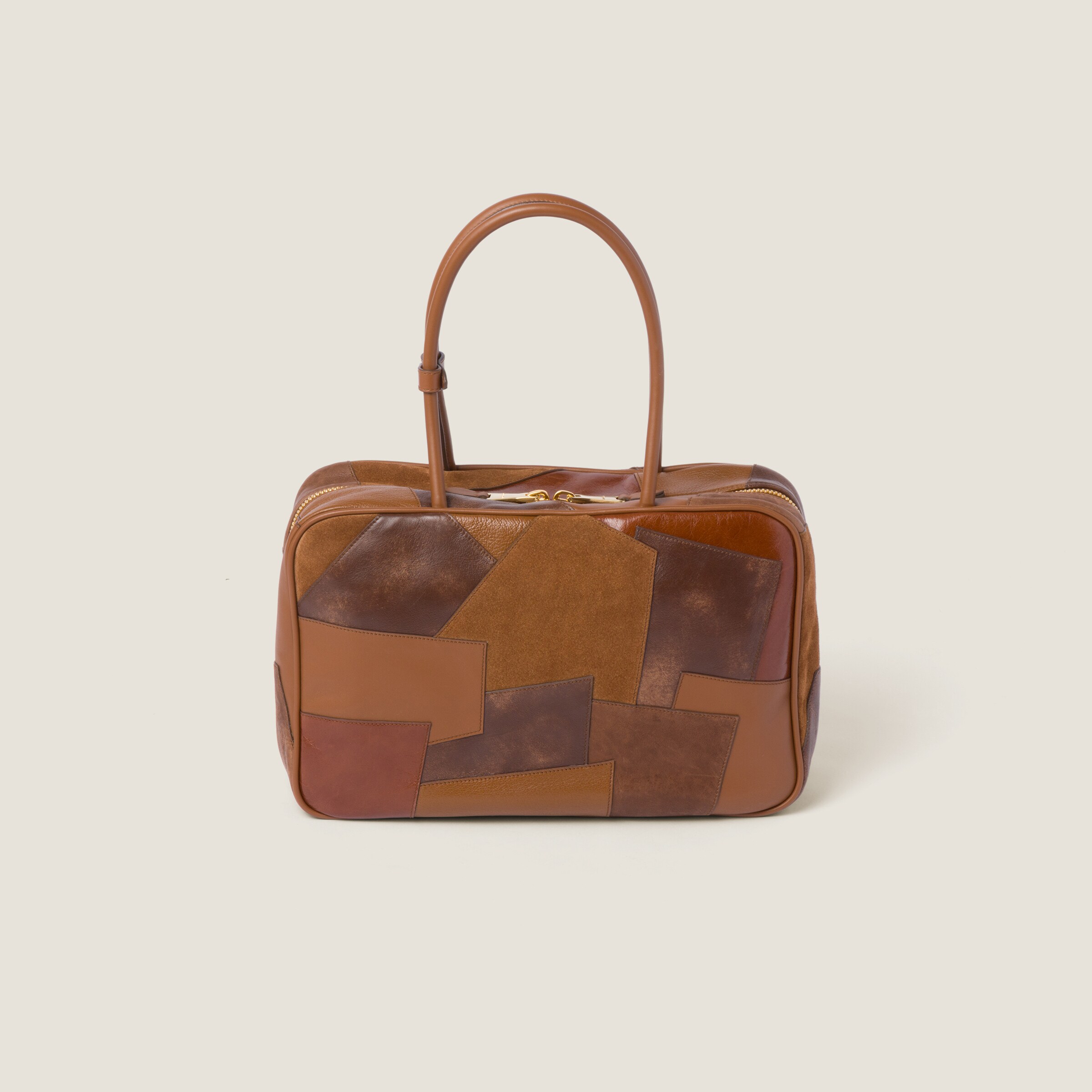 MIUMIU 26S BEAU TOP HANDLE BAG 28 IN COGNAC LEATHER PATCHWORK GOLD HARDWARE
