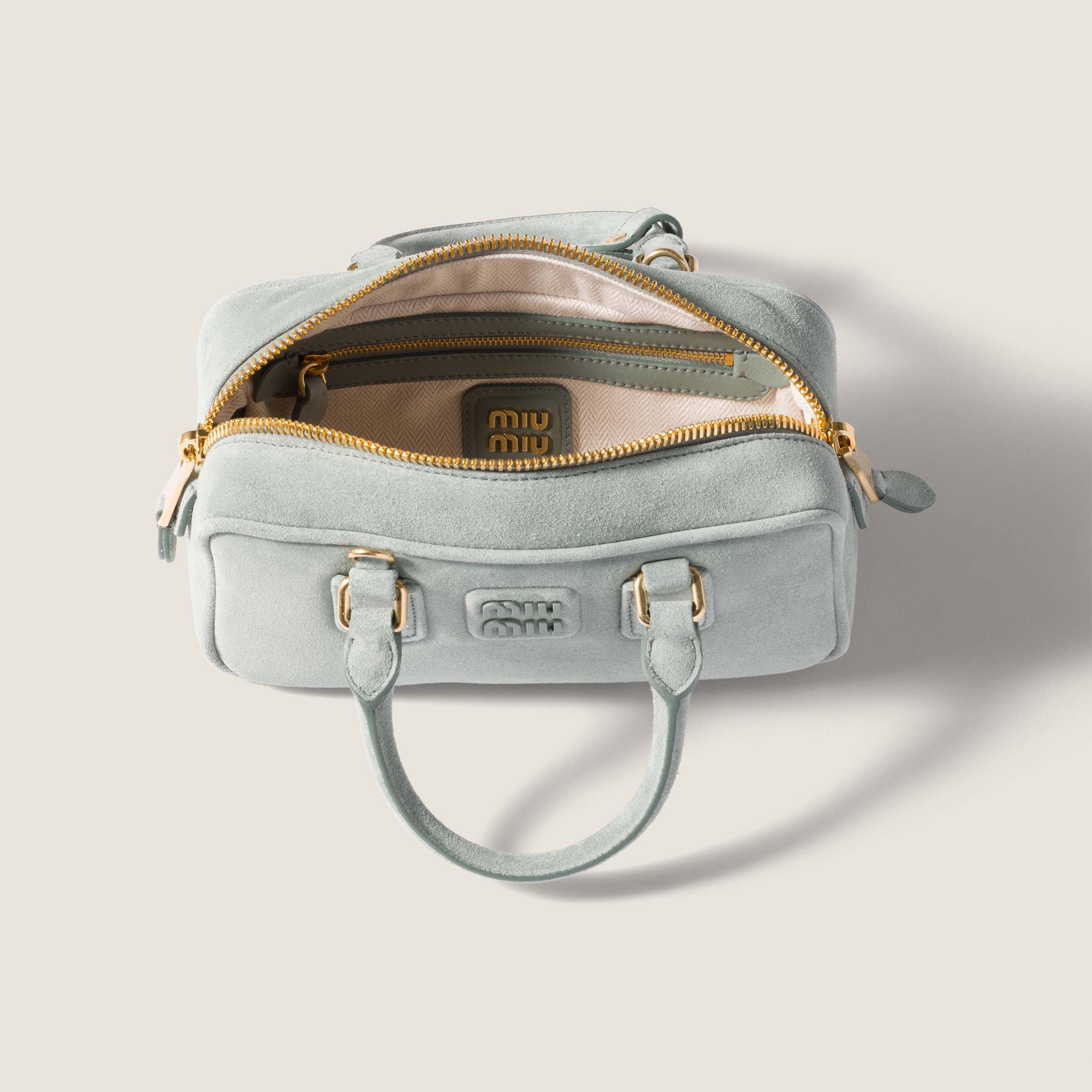 Powder Blue Arcadie Padded Suede Top-handle Bag | Miu Miu