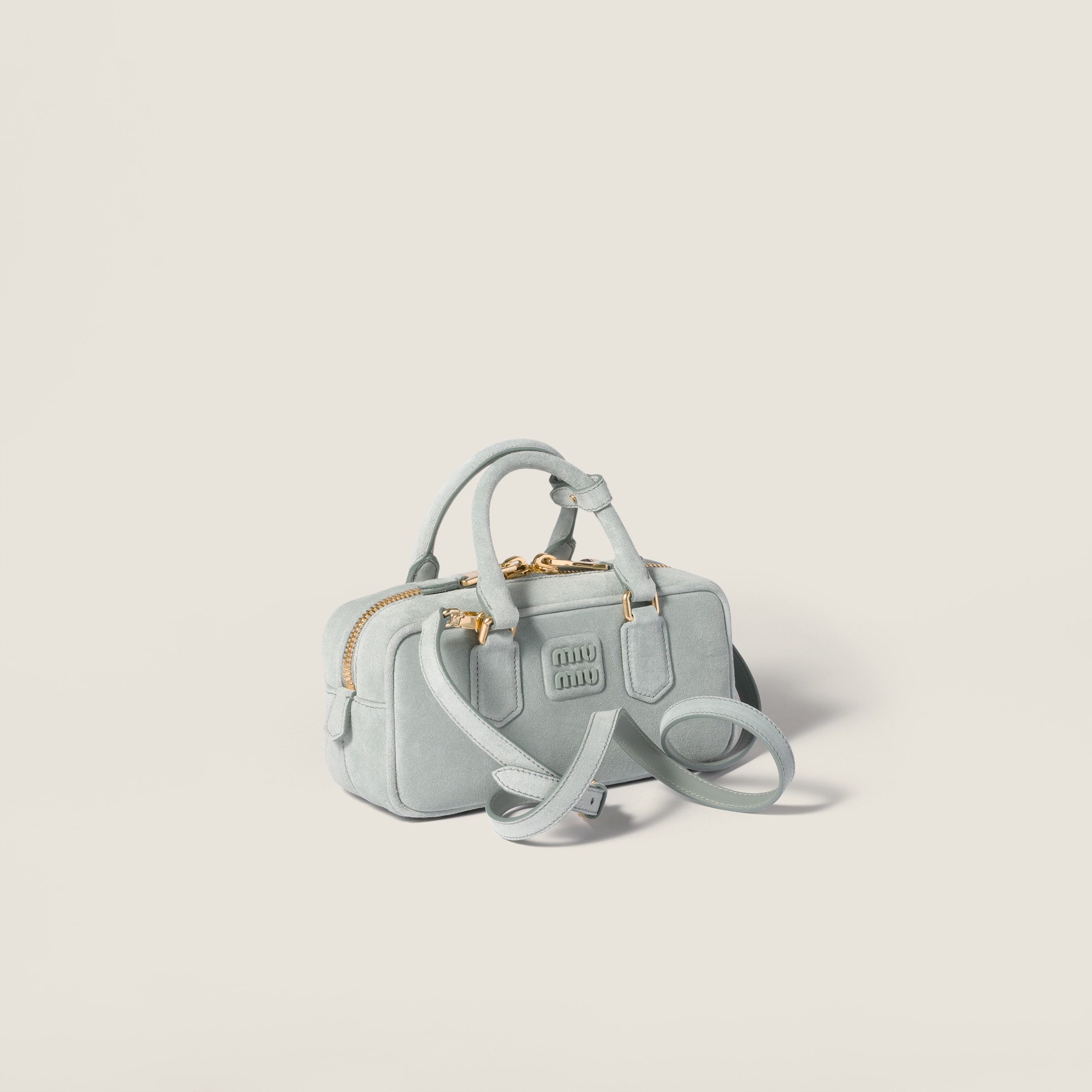 Powder Blue Arcadie Padded Suede Top-handle Bag | Miu Miu