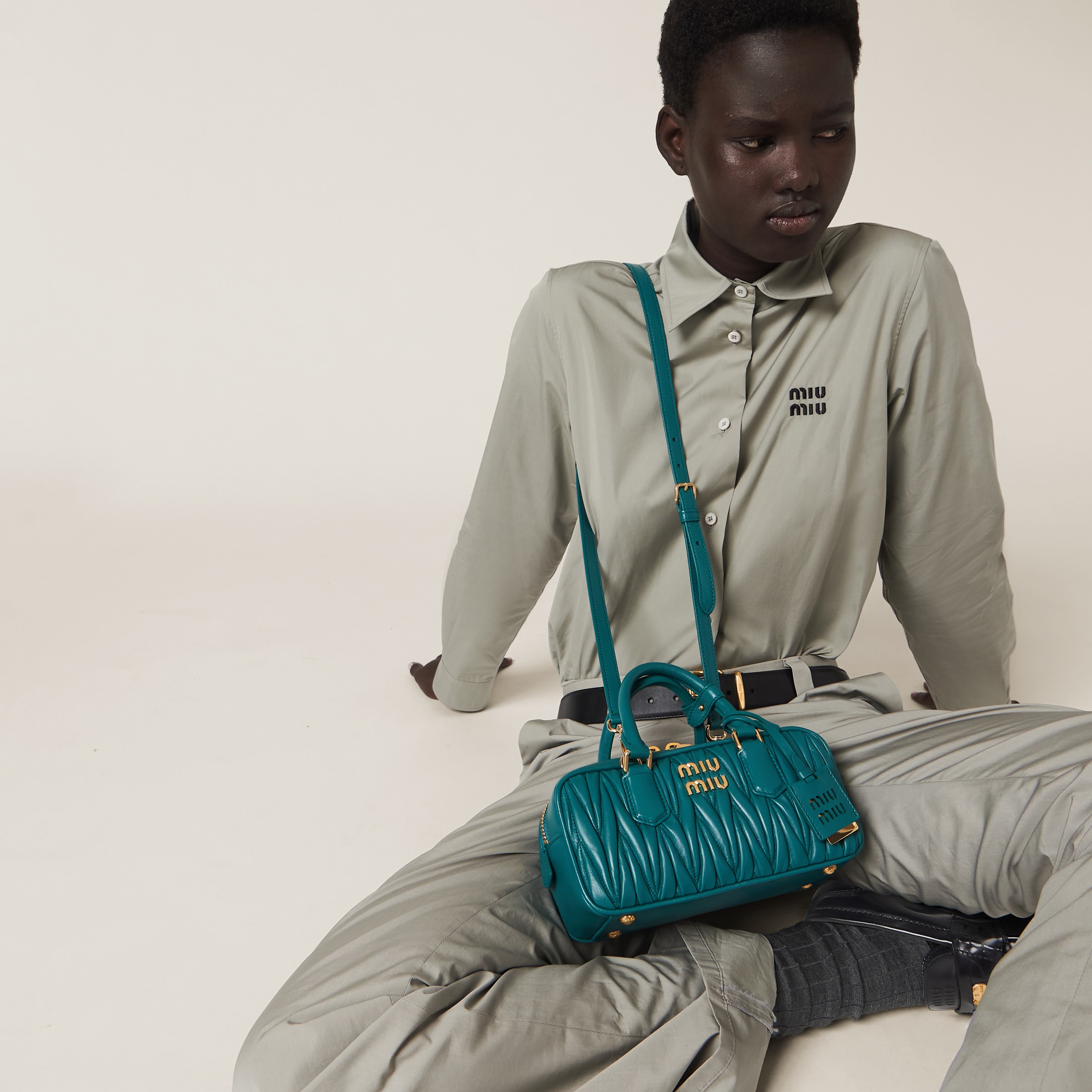 Lagoon Blue Arcadie Matelasse Nappa Leather Bag Miu Miu