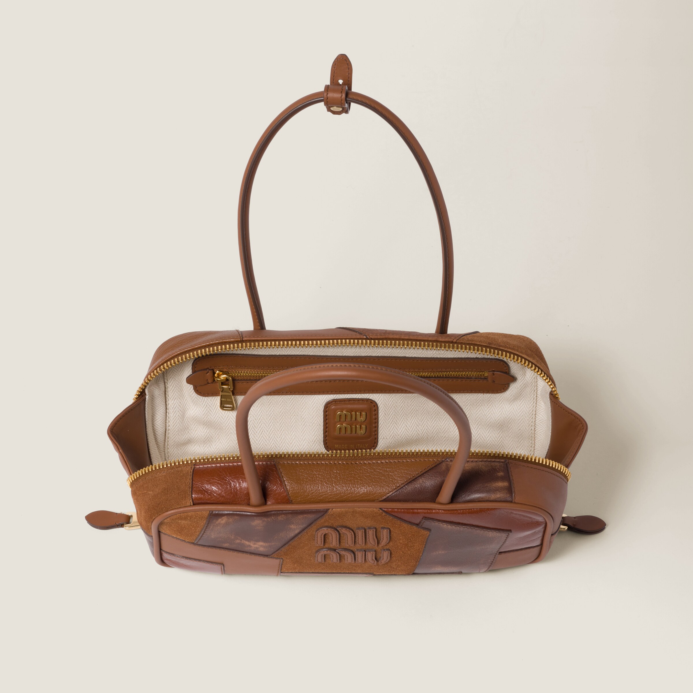 Cognac Beau Leather Patchwork Bag Miu Miu
