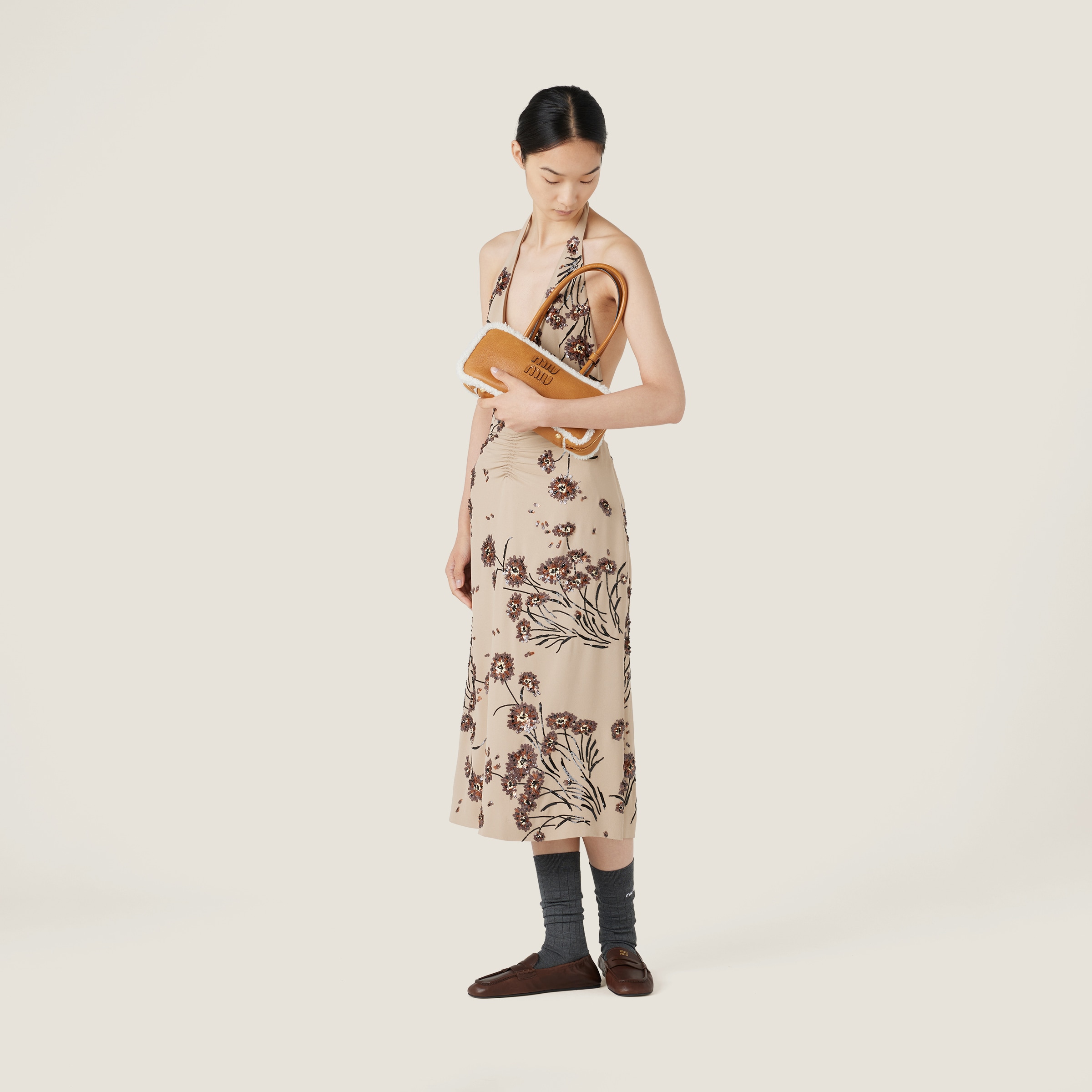 Miu Miu Arcadie Shearling Top-handle Bag In Cognac/natural