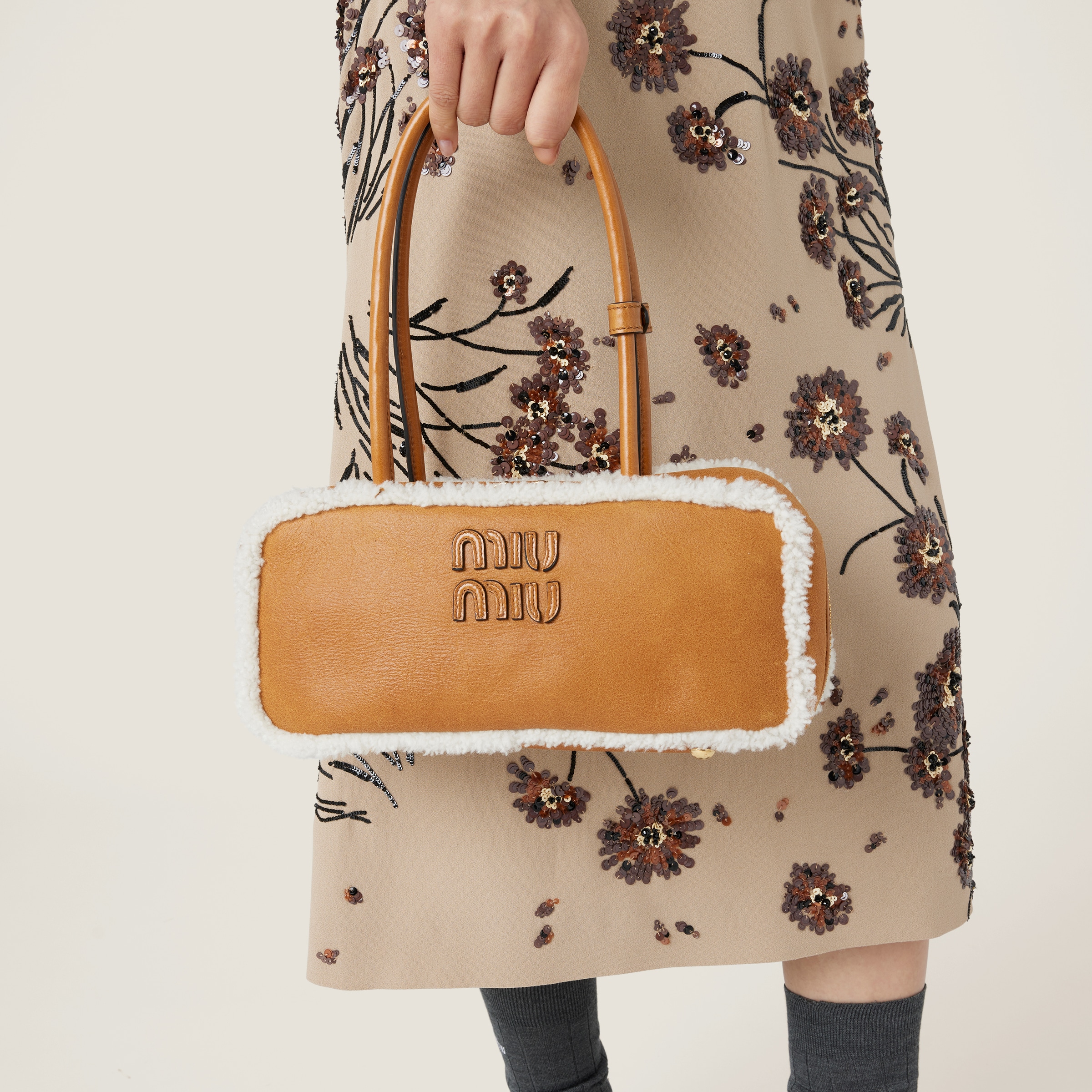 Cognac natural Beau Shearling Top handle Bag Miu Miu
