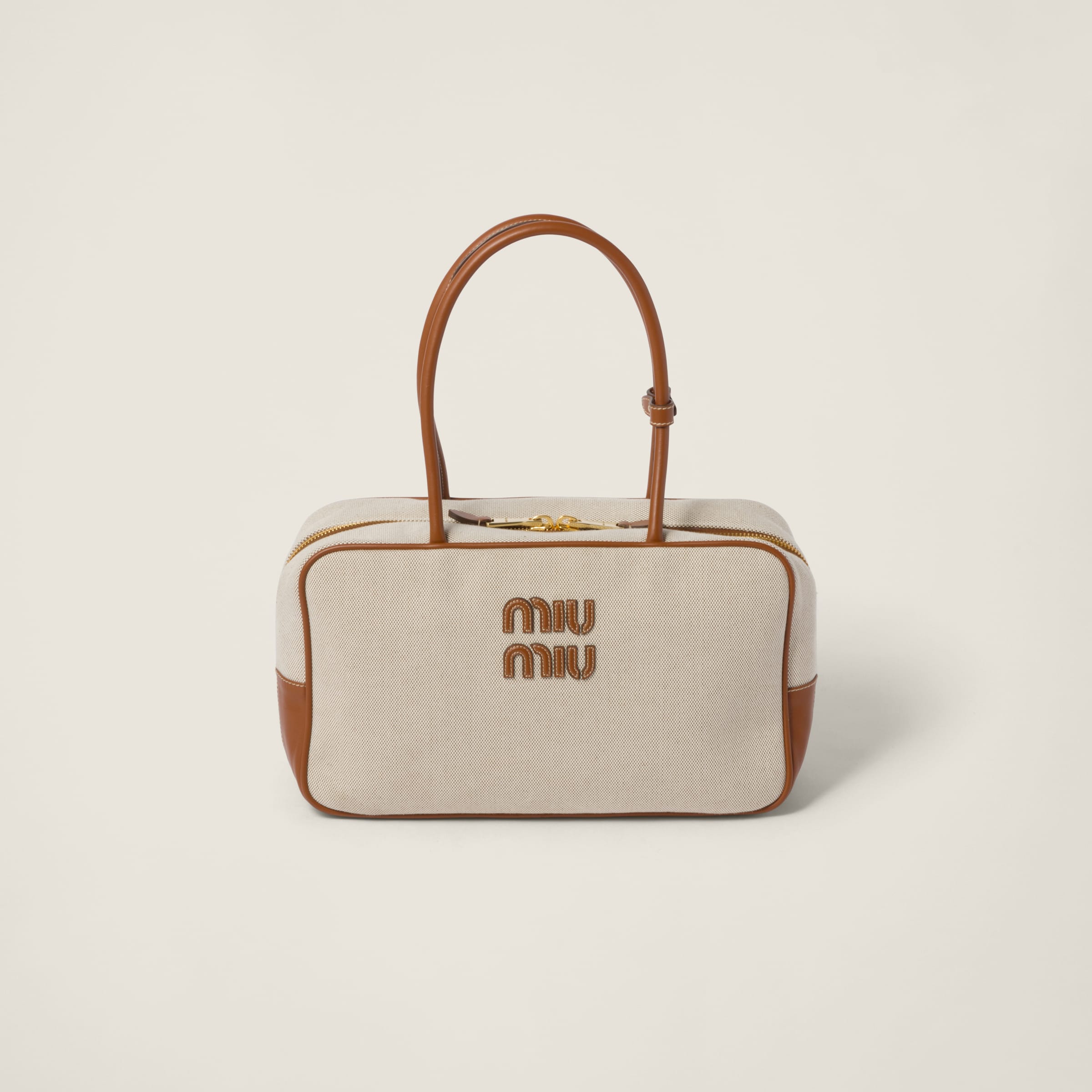 Miumiu Canvas Top-handle Bag In Beige/brandy