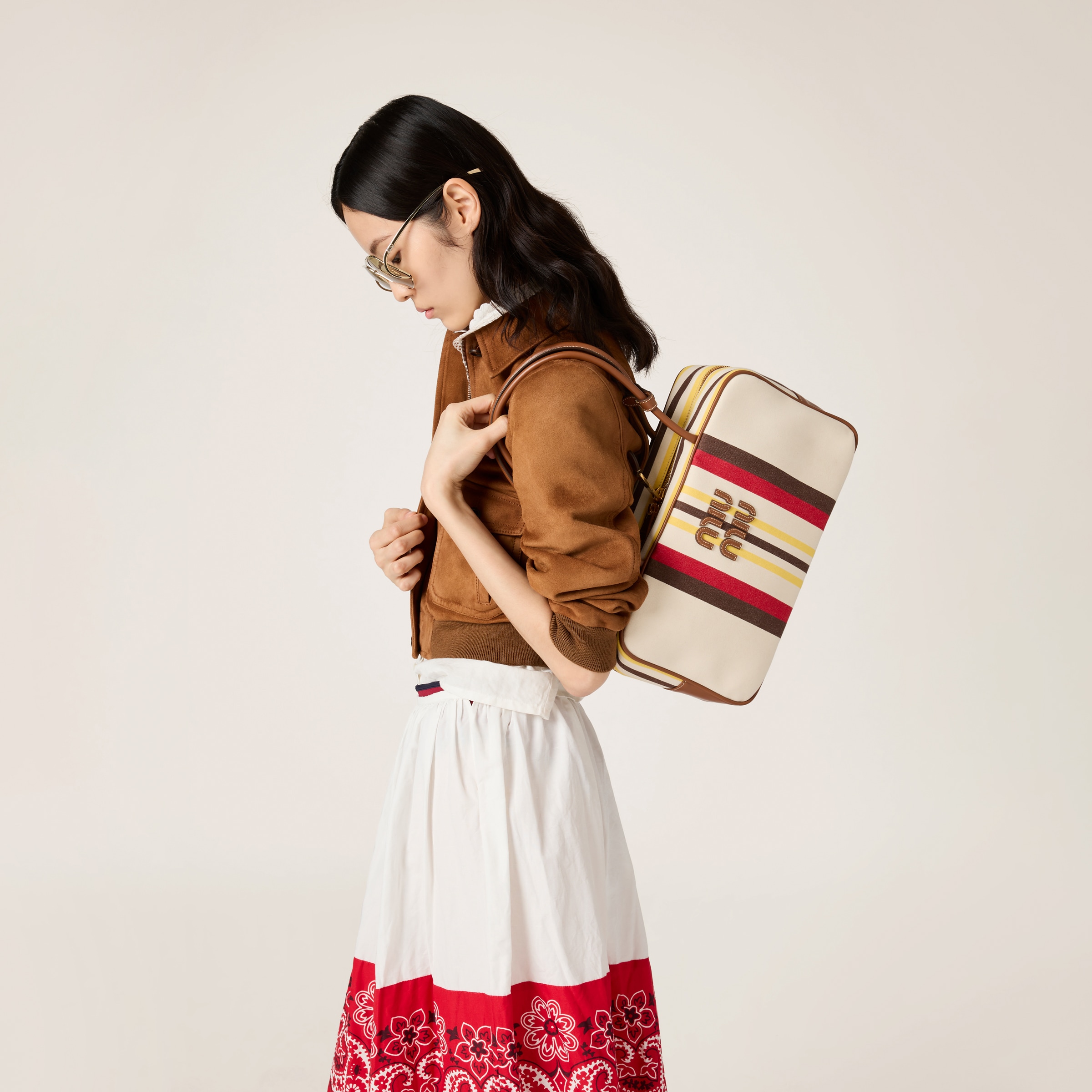 ユニセックス*小さな主役*miumiu*キャンバス レザー ボーバッグ 上品で可愛い》【MiuMiu】ボー キャンバスxレザー バッグ