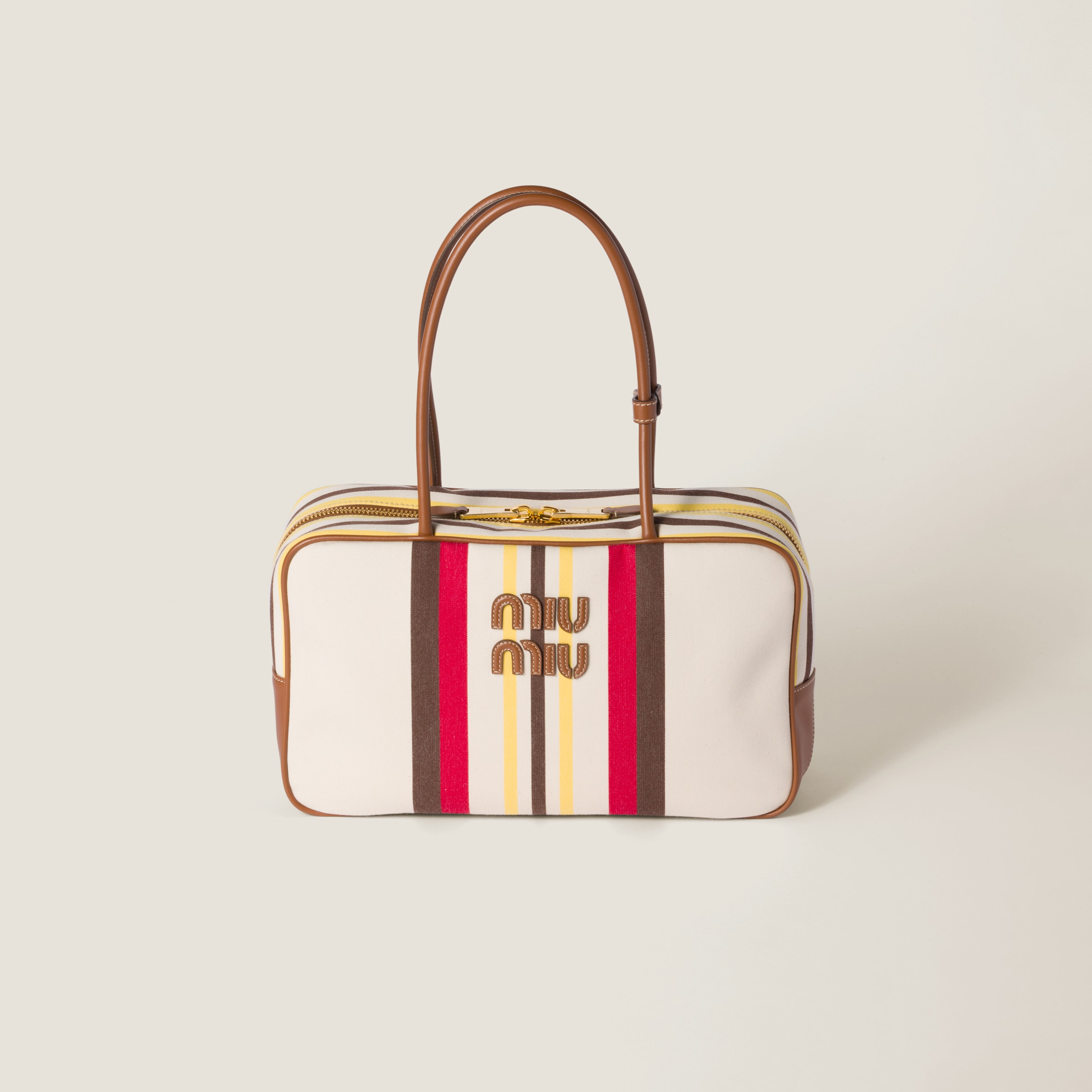 Beige/dark Brown Beau Canvas And Leather Bag | Miu Miu