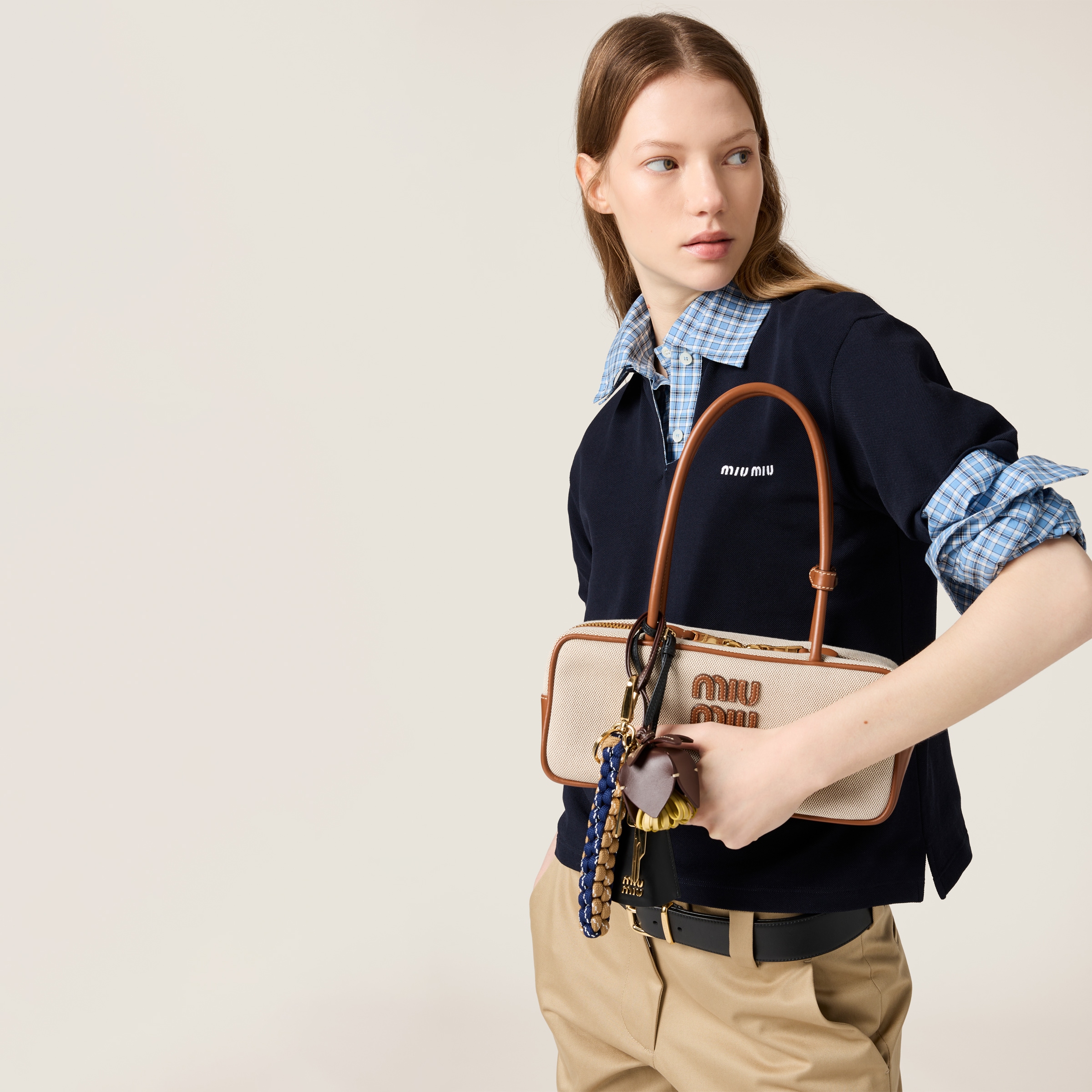 MIUMIU●Beau [ボー] ストライプキャンバス×レザーハンドバッグ Beige/brandy Beau Canvas And Leather Bag | Miu Miu