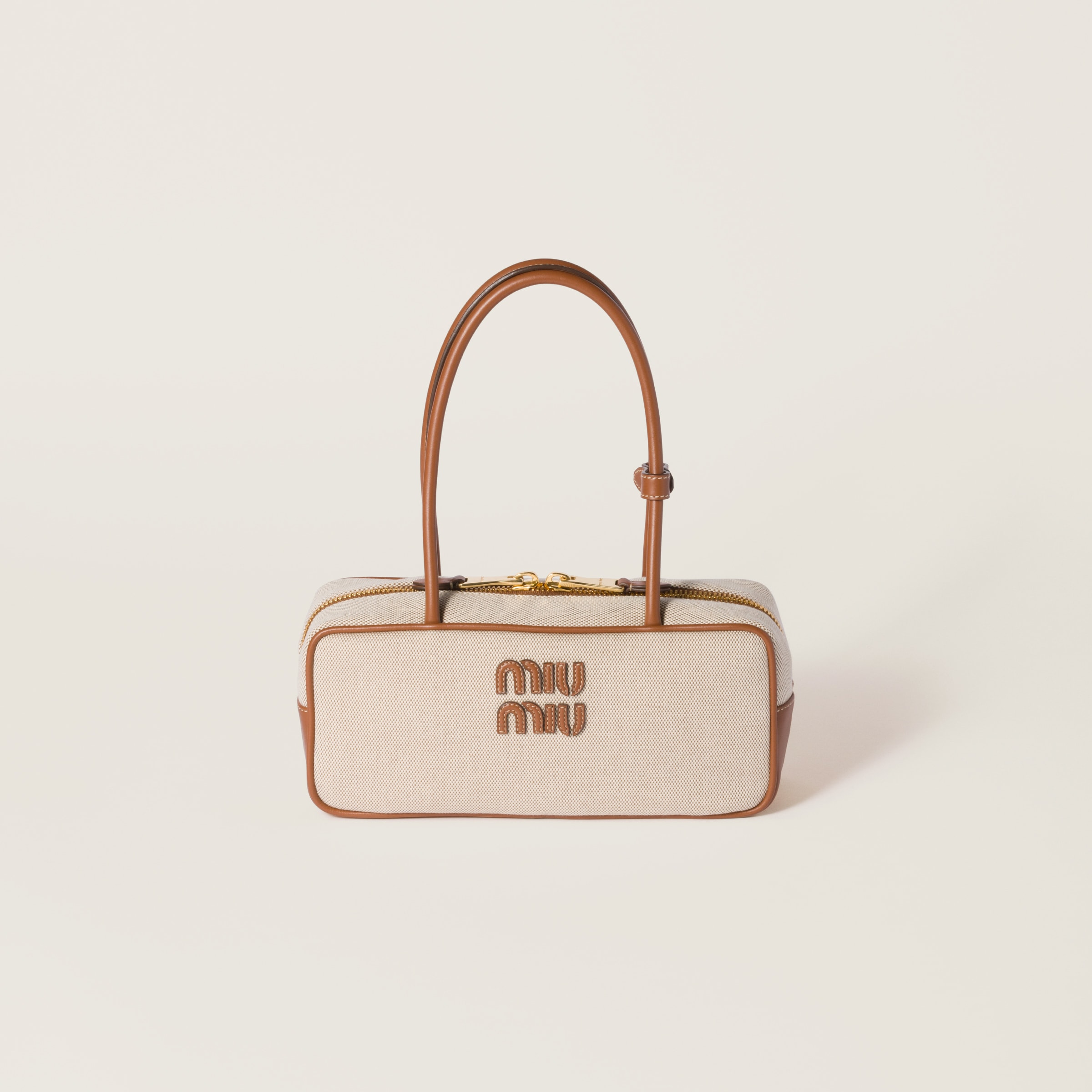 Miu Miu Beau Canvas And Leather Bag In Beige/brandy