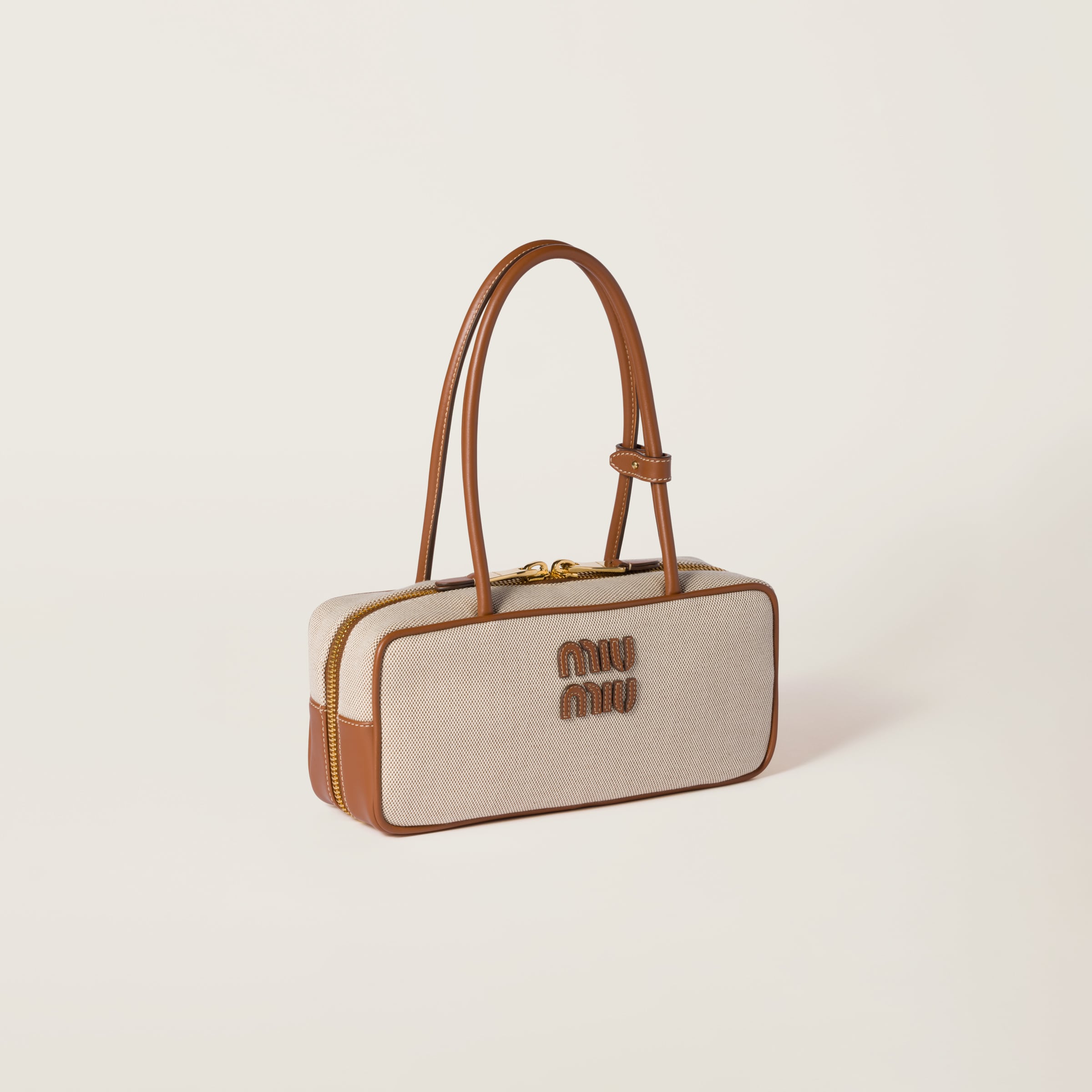 Beige/brandy Beau Canvas And Leather Bag | Miu Miu