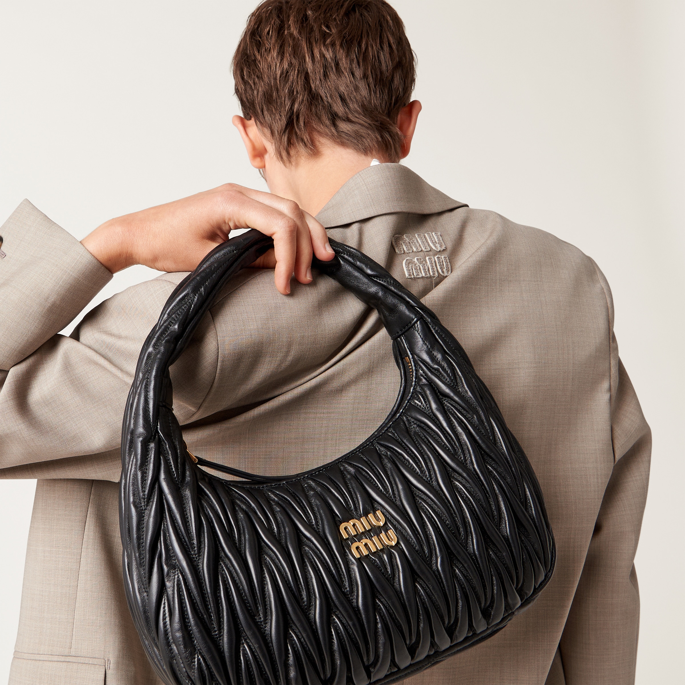 Black Wander Matelasse Nappa Leather Hobo Bag Miu Miu