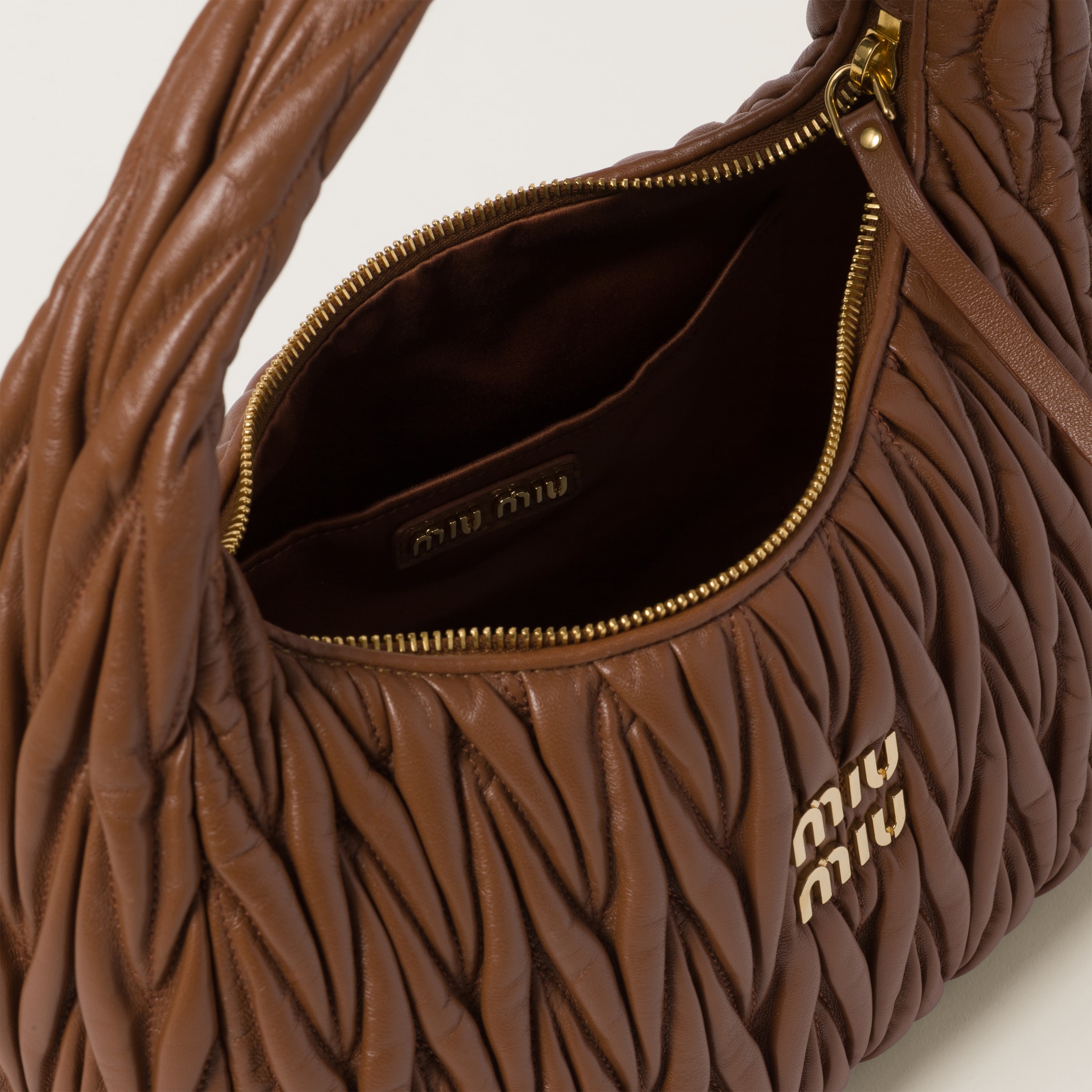 Cognac Wander Matelassé Nappa Leather Hobo Bag | Miu Miu