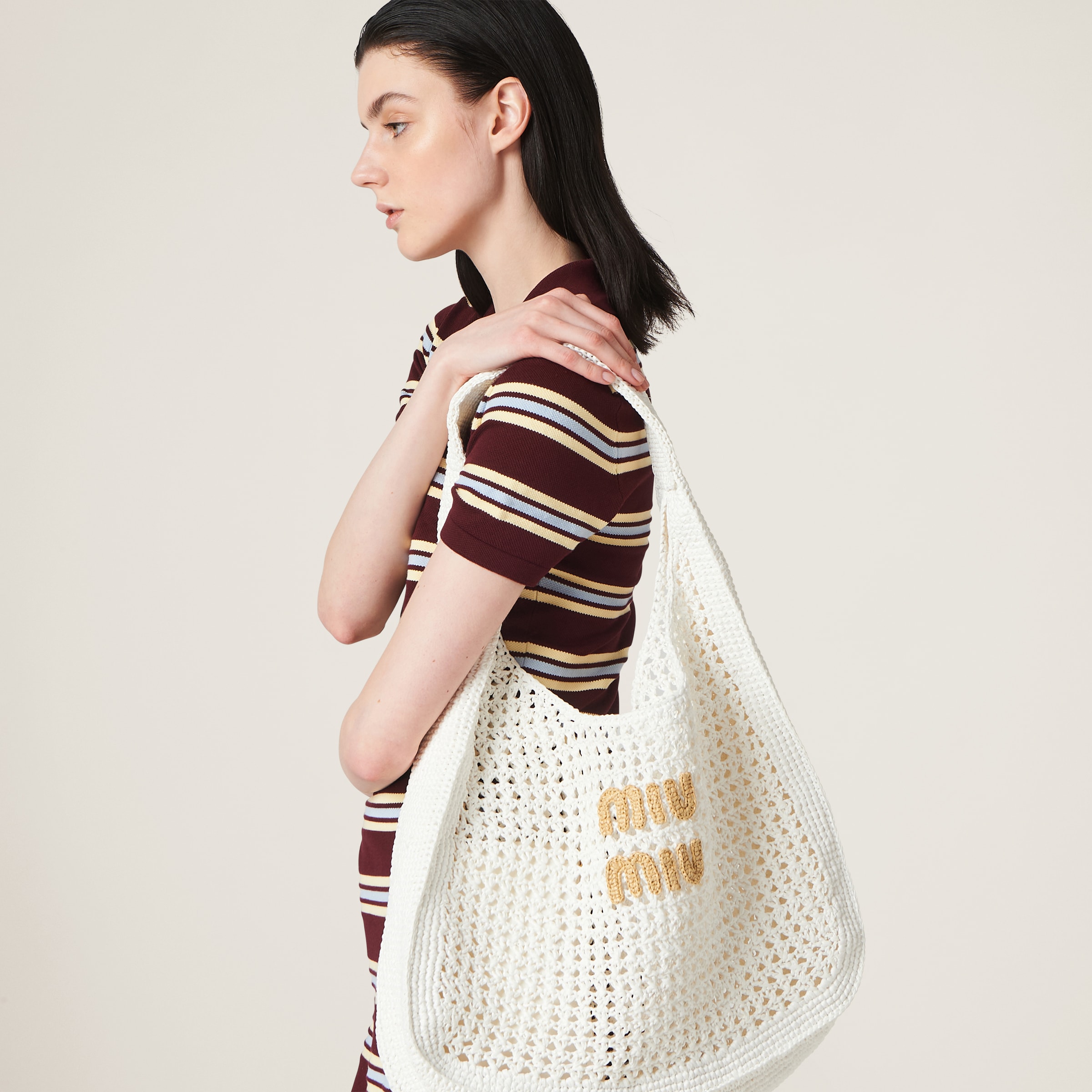 Shop Miumiu Woven Fabric Hobo Bag In White/beige