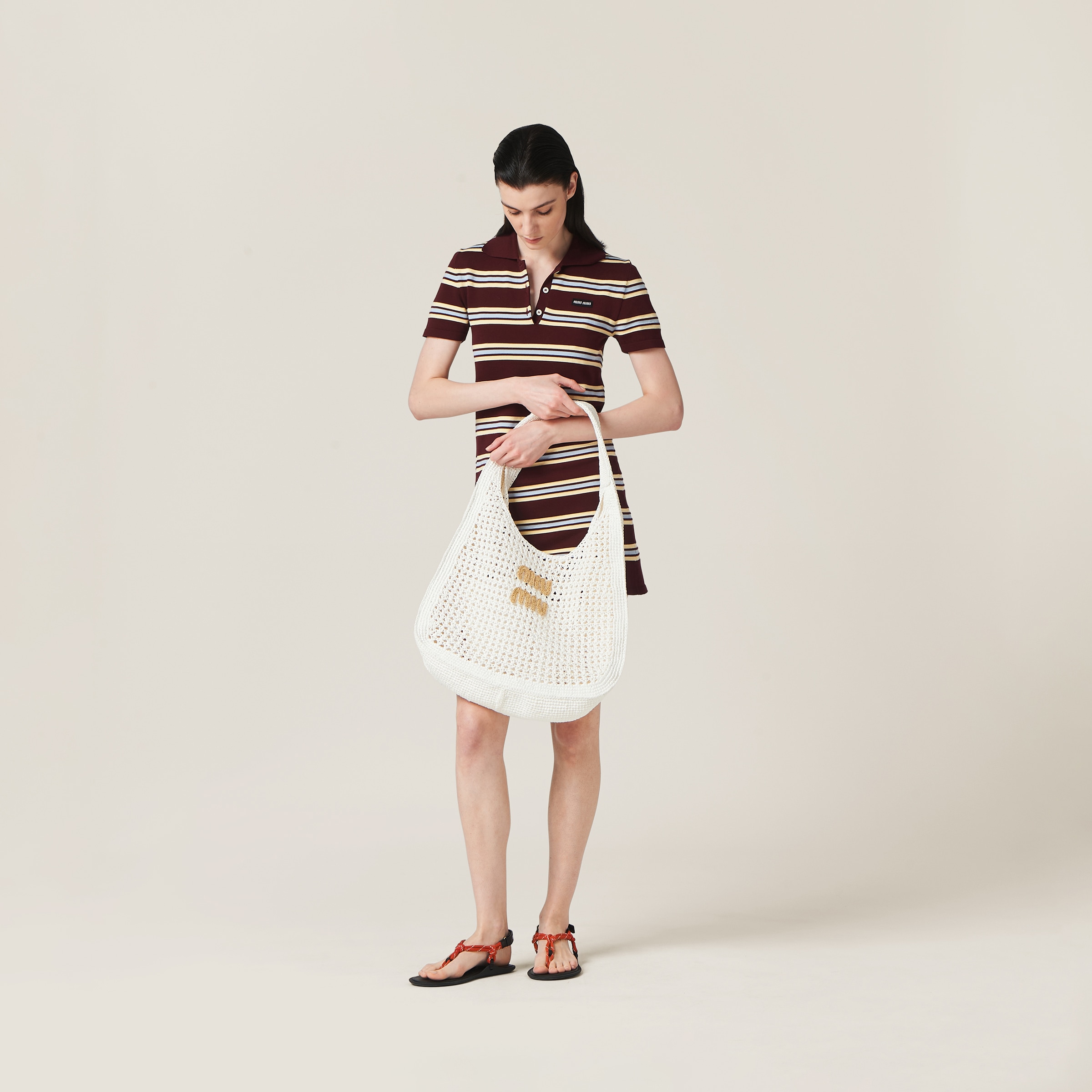 White/beige Woven Fabric Hobo Bag | Miu Miu