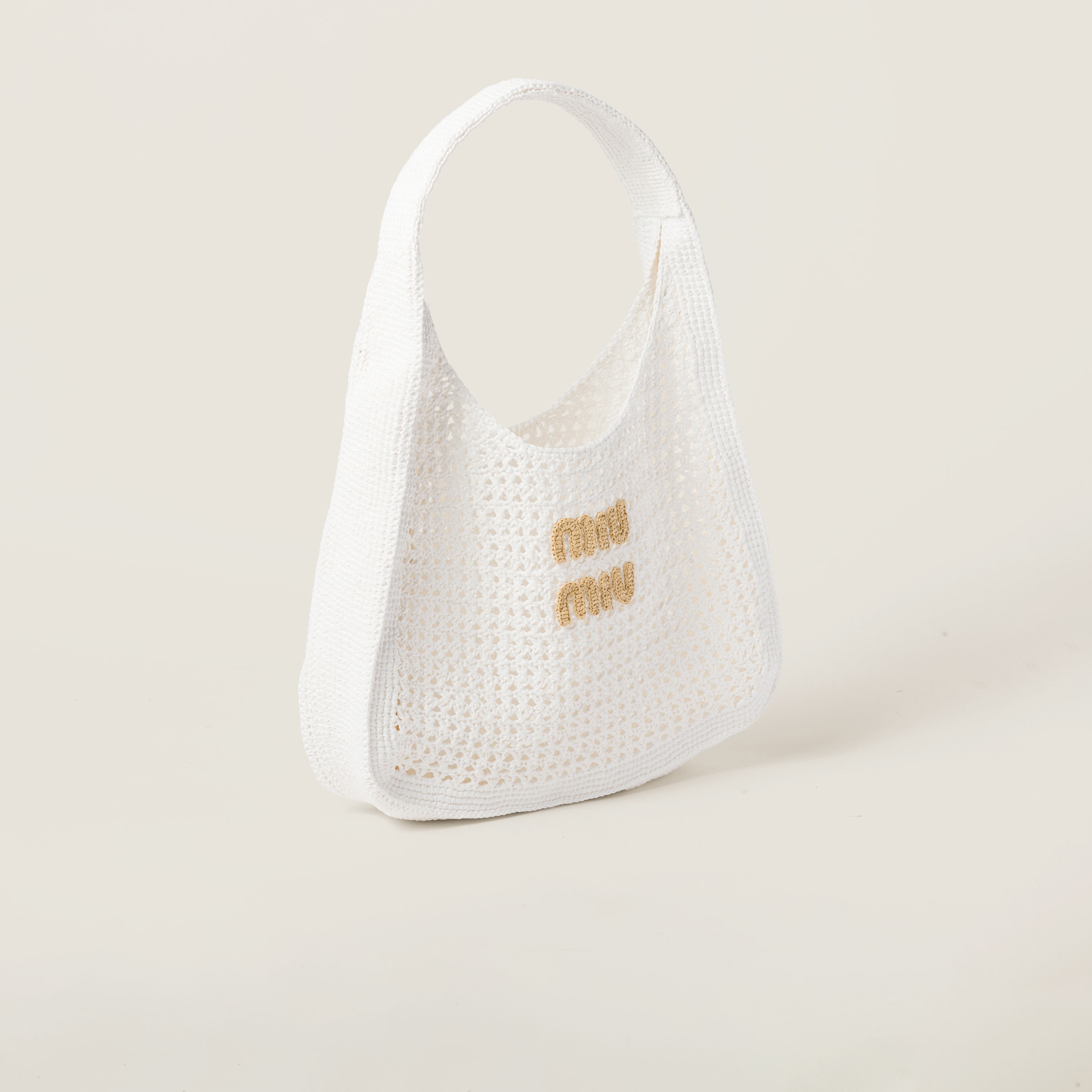 Shop Miumiu Woven Fabric Hobo Bag In White/beige