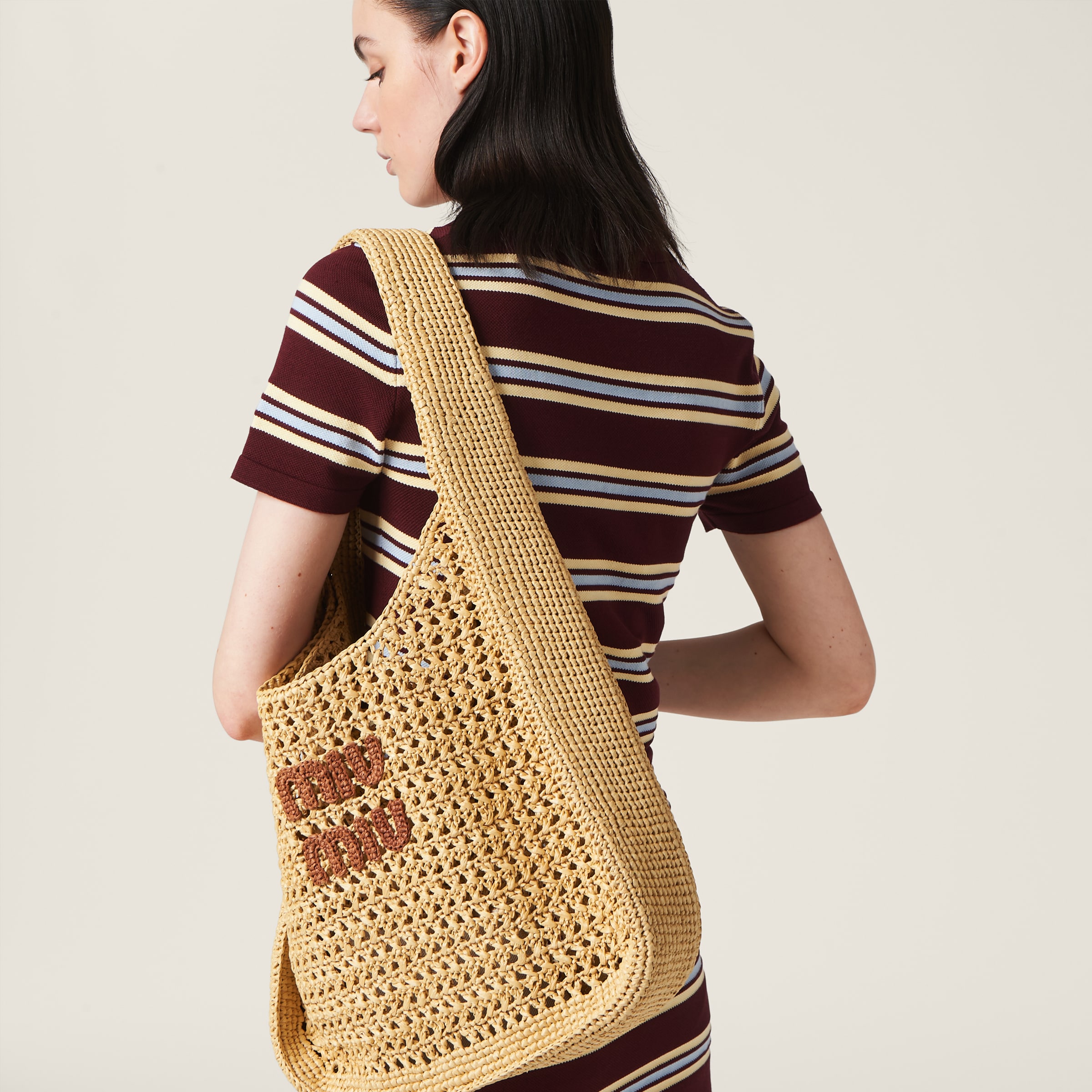 トートバッグ MiuMiu | Woven fabric hobo bag 5BC116_2DO1_F0A5T_V_OOM Beige/cognac Woven Fabric Hobo Bag | Miu Miu